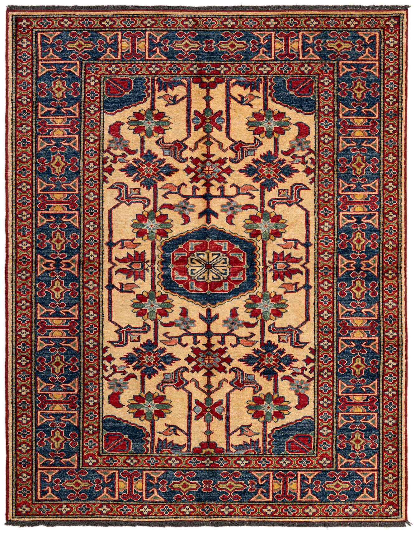 A 4x6 rectangular Rugs.com Kazak rug with an ivory field, featuring a central medallion and ornate floral and geometric patterns in deep blues, reds, and greens, framed by a multi-layered border.