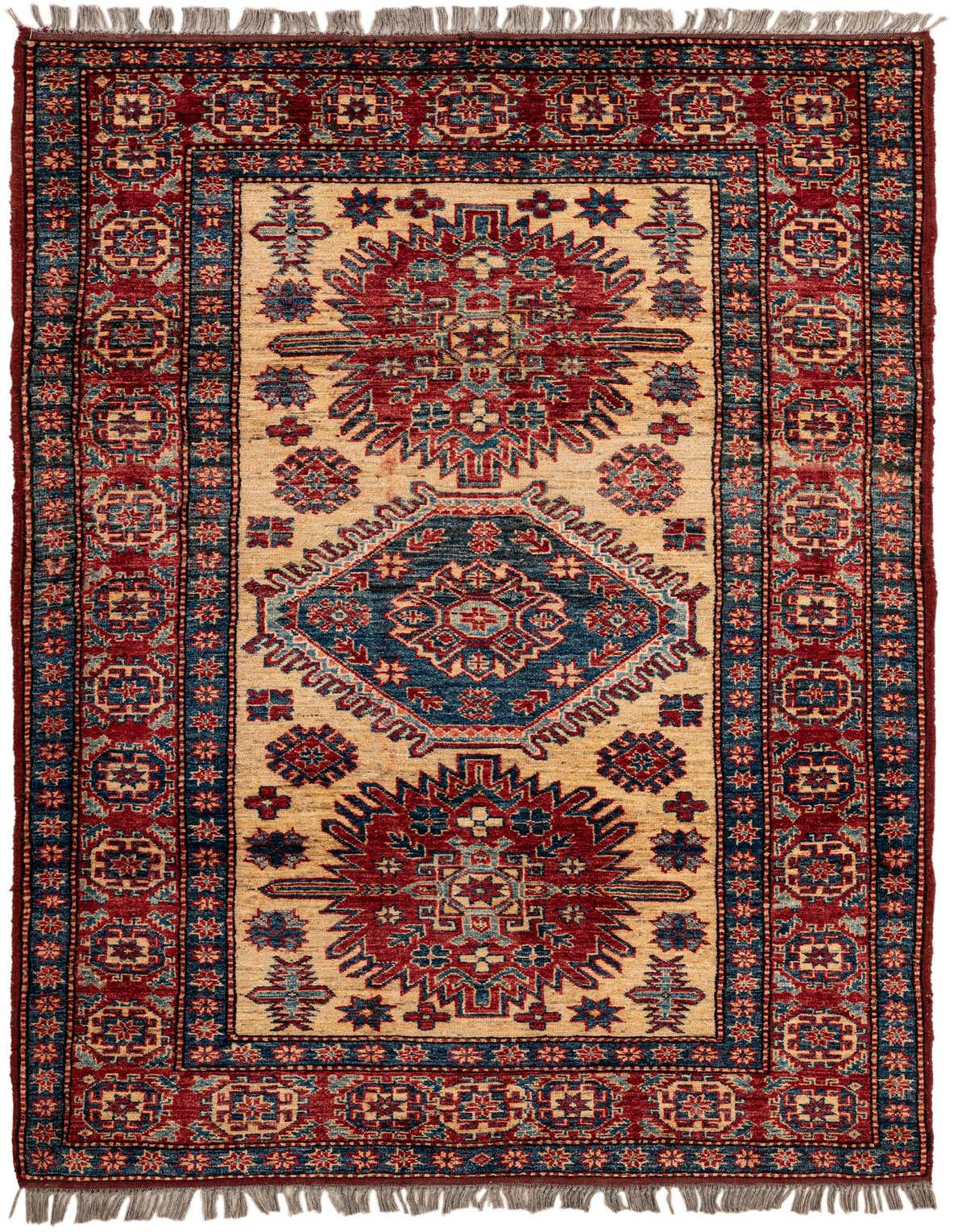 A 4x6 rectangular ivory, red, and blue Modern Oriental wool rug with a central medallion and geometric patterns.