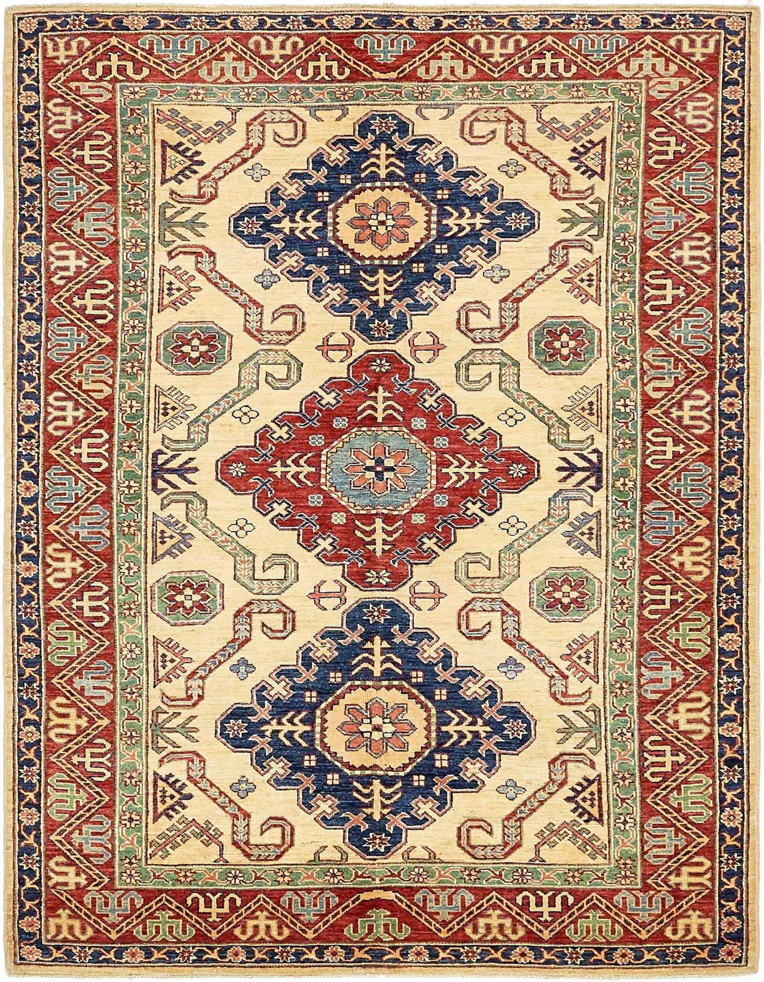 A 5x7 rectangular ivory rug with a traditional tribal medallion pattern in red, blue, and green.