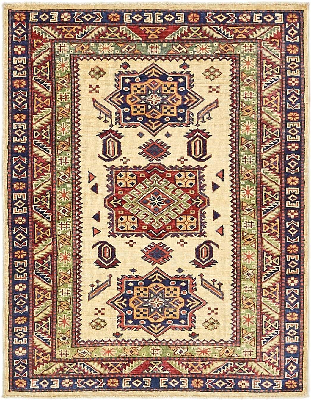 A 3x4 rectangular ivory rug with a traditional tribal medallion pattern in red, blue, green, and gold.