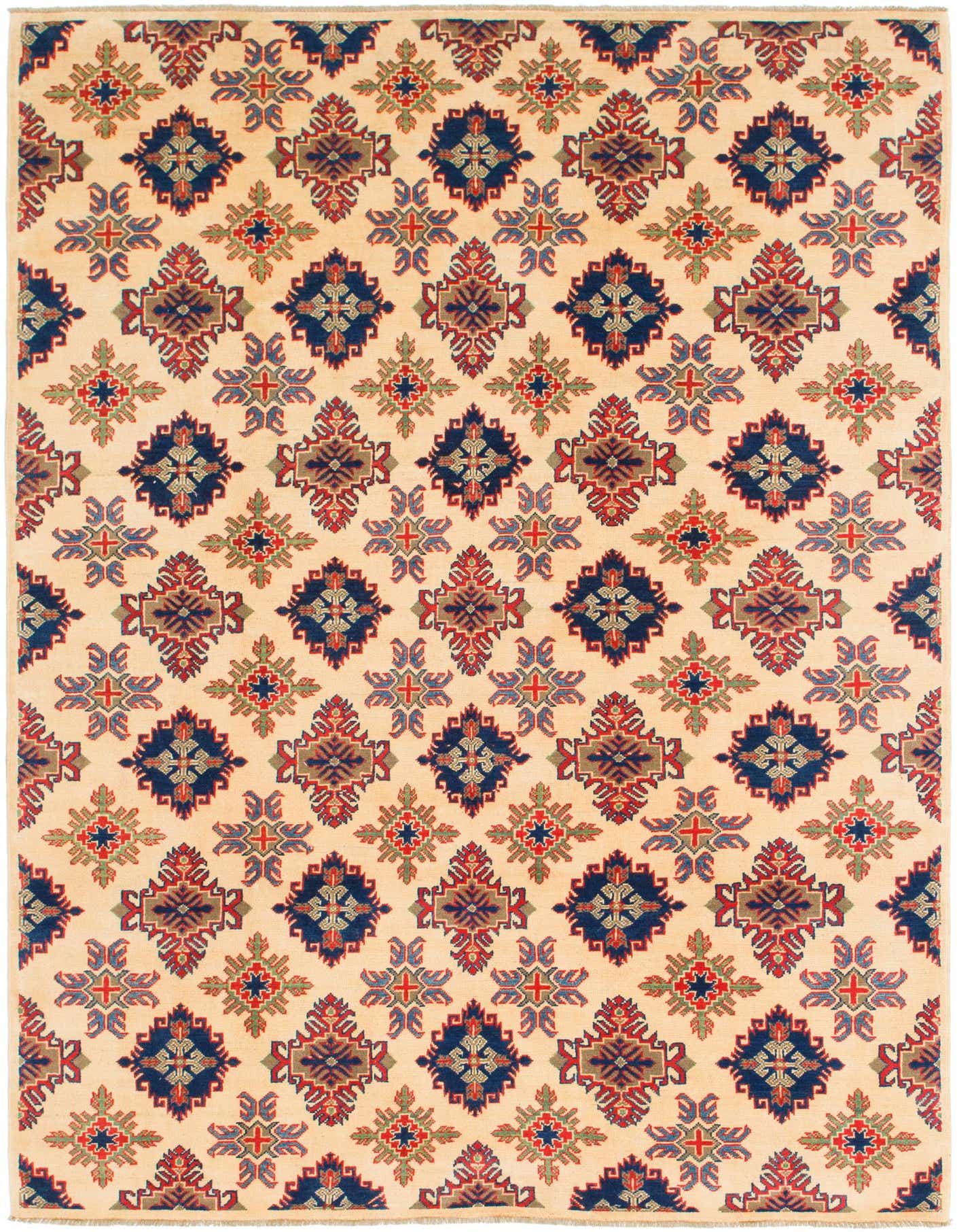 A 6x9 rectangular ivory rug with a repeating traditional Southwestern pattern in navy, red, and green.