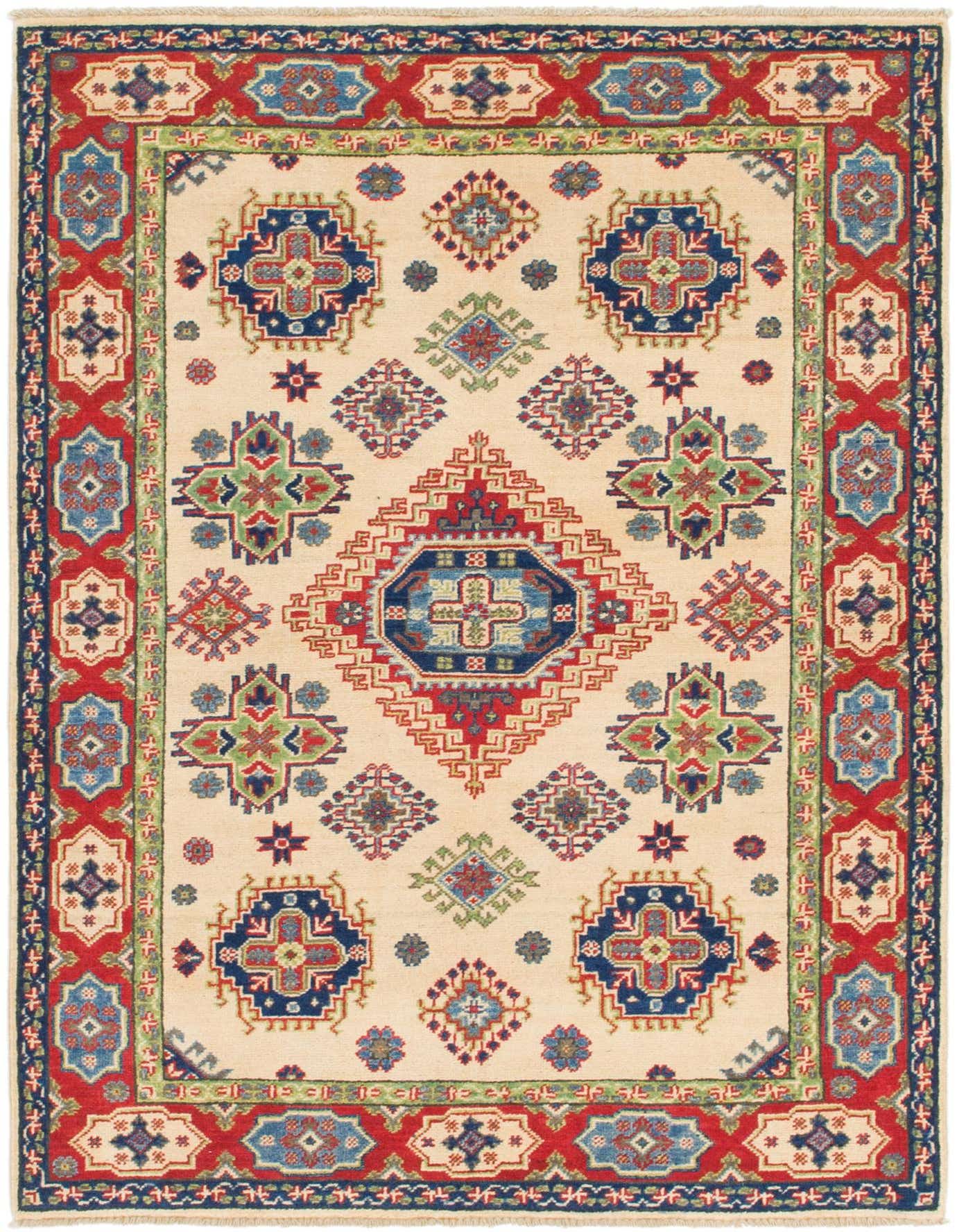 A 4x6 rectangular ivory rug with a traditional Southwestern tribal pattern, featuring a central medallion and a red border with blue and green accents.