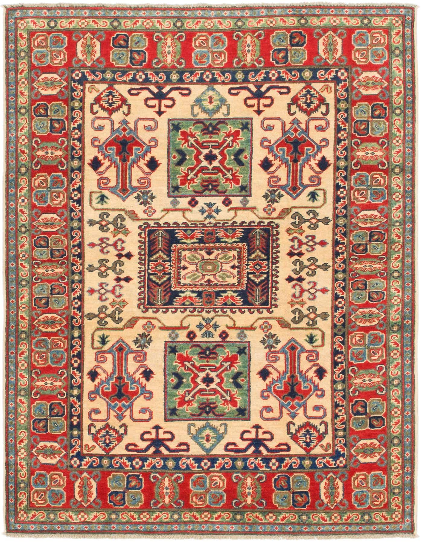 A 4x6 rectangular Rugs.com Kazak rug featuring a traditional Southwestern tribal pattern in ivory, red, blue, and green.