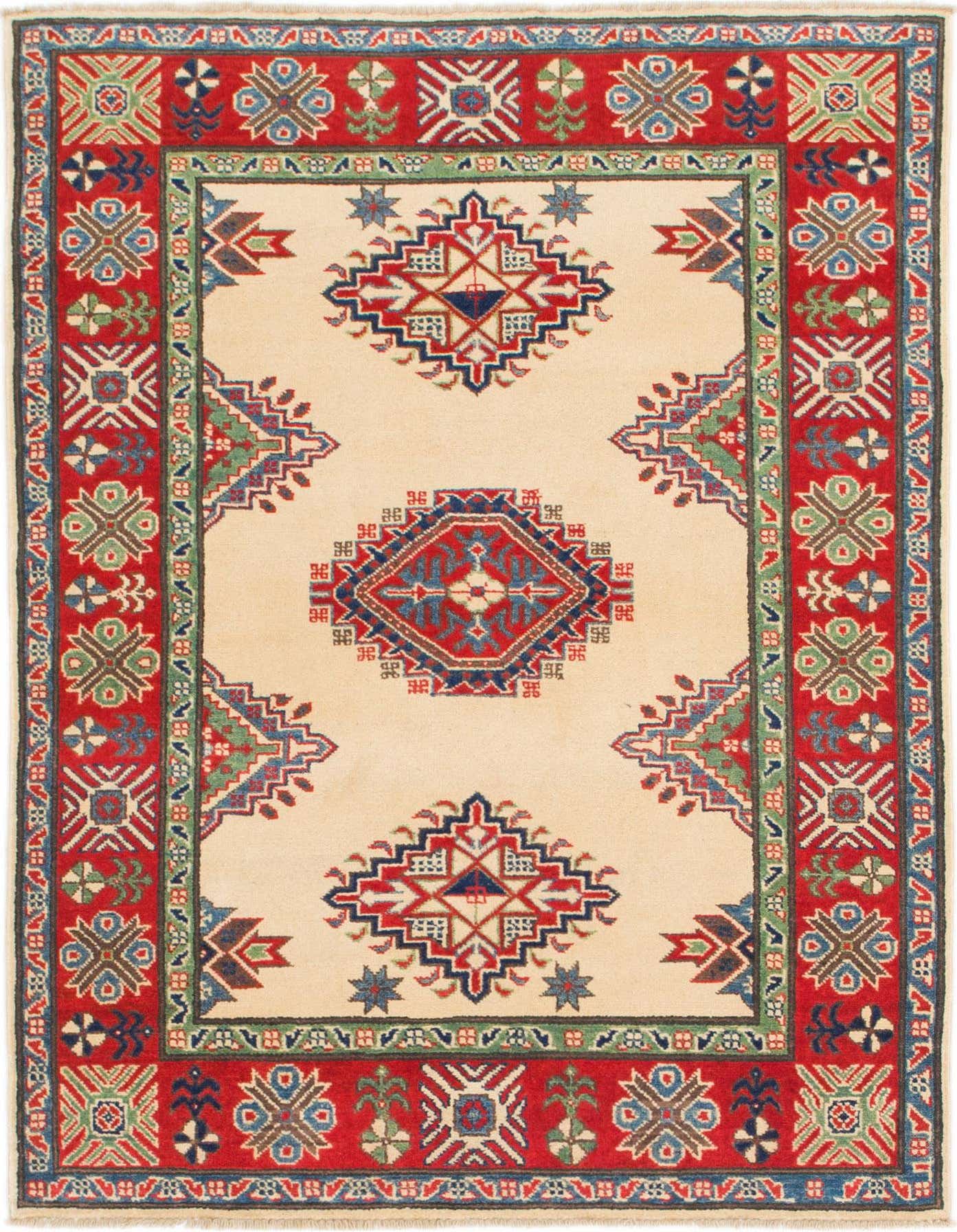 A 4x6 rectangular ivory rug with a bold red border and traditional Southwestern tribal patterns in blue, green, and brown.