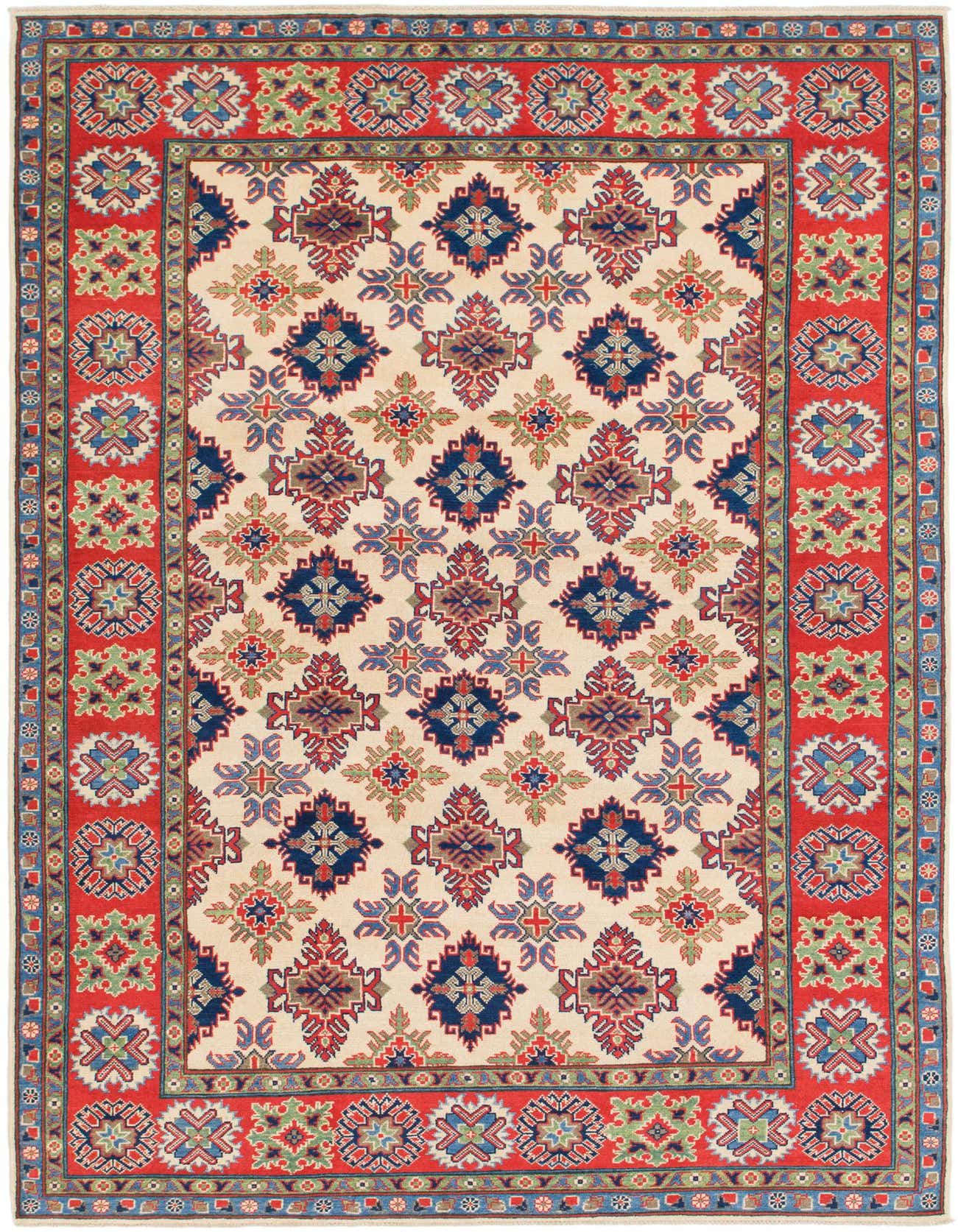 A 6x9 rectangular ivory rug with a traditional Southwestern tribal pattern, featuring a red border with blue, green, and red geometric motifs.