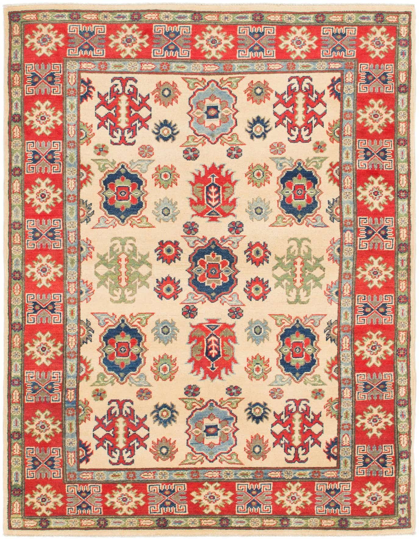 A 4x6 rectangular ivory Kazak rug with a red border and traditional tribal patterns in blue, red, and green.