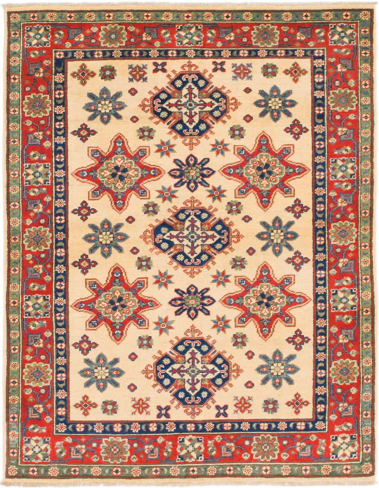 A 4x6 rectangular ivory Kazak rug with traditional Southwestern and tribal patterns, featuring red, blue, and green medallions and floral motifs.