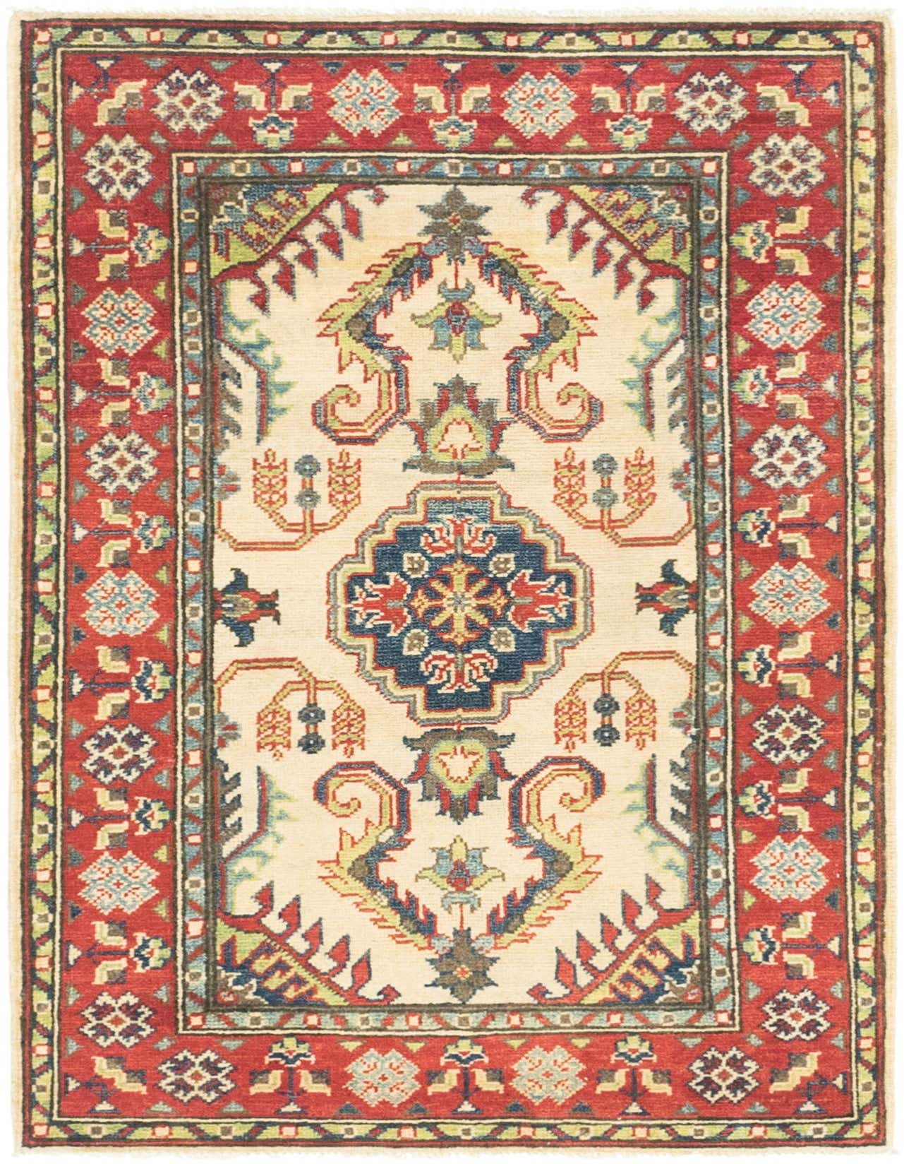 A 3x4 rectangular ivory rug with a red border and traditional tribal medallion pattern, handmade from wool.