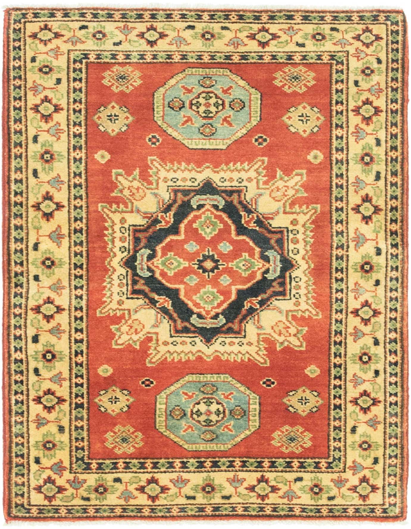 A 3x4 rectangular Rugs.com Kazak rug with a red field, ivory border, and traditional medallion pattern.