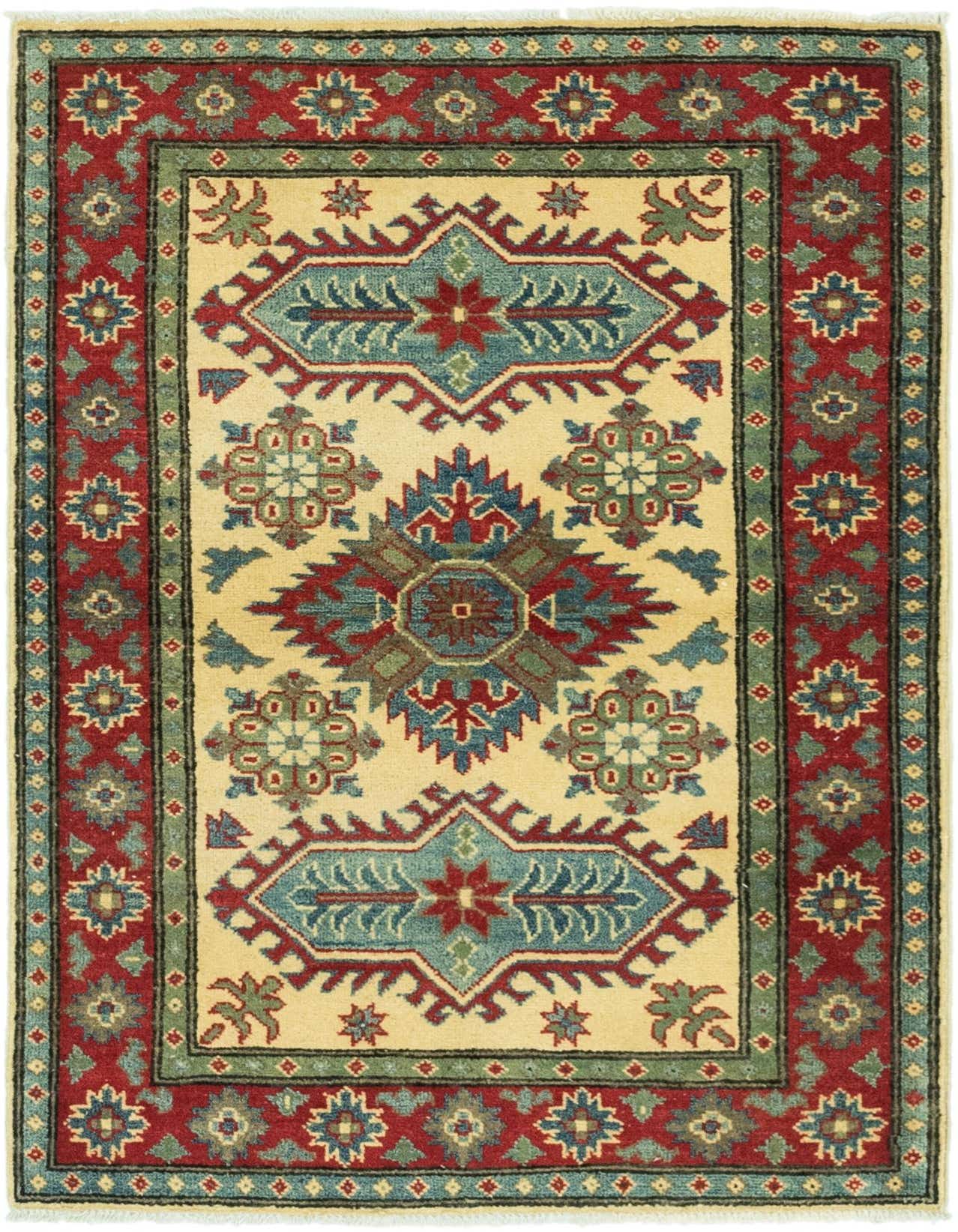 A 3x5 rectangular ivory Kazak rug with traditional red, blue, and green tribal patterns, ideal for an entryway.