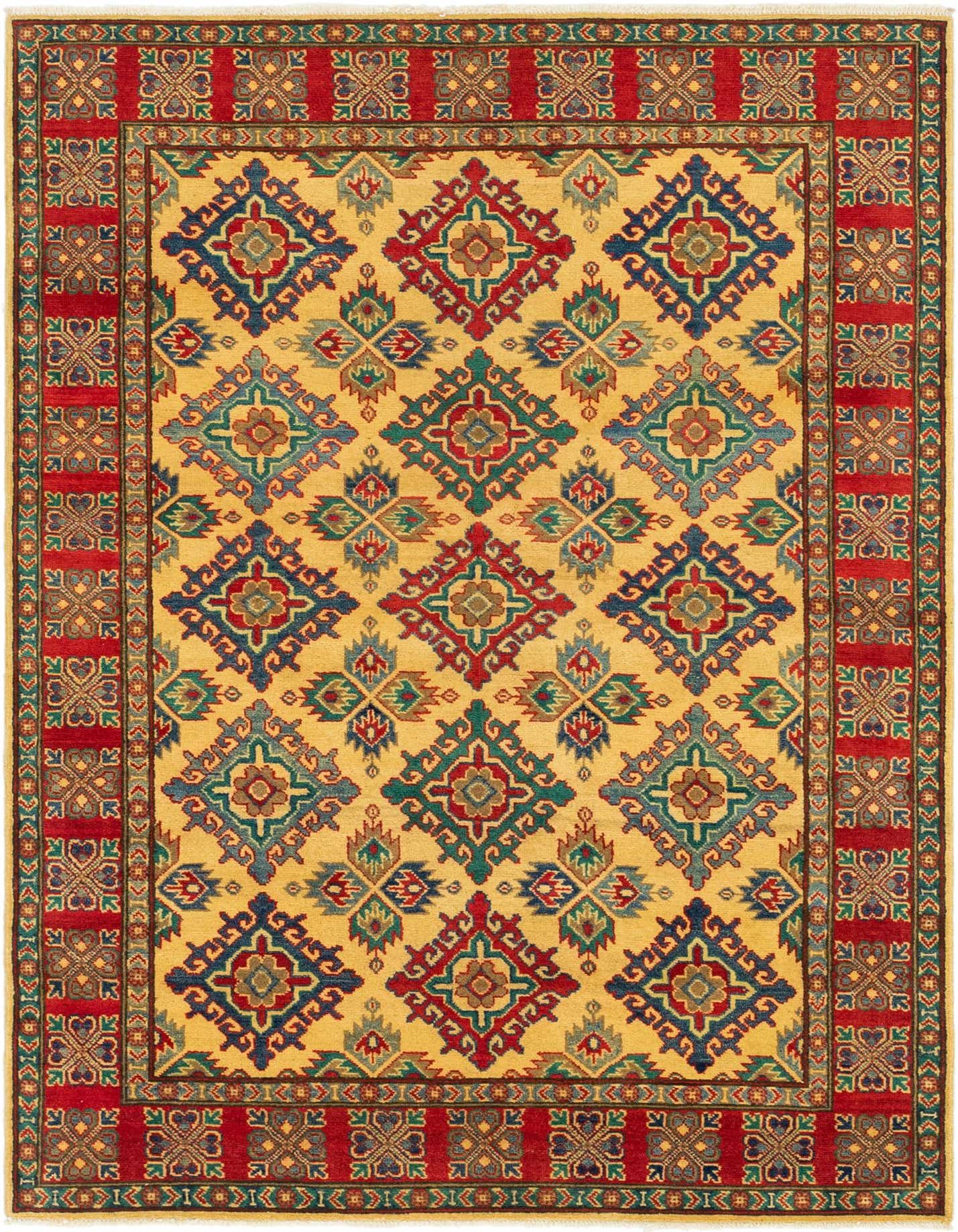 A 5x7 rectangular Rugs.com Kazak rug with an ivory field, red border, and intricate traditional Southwestern patterns in blue, red, and green.