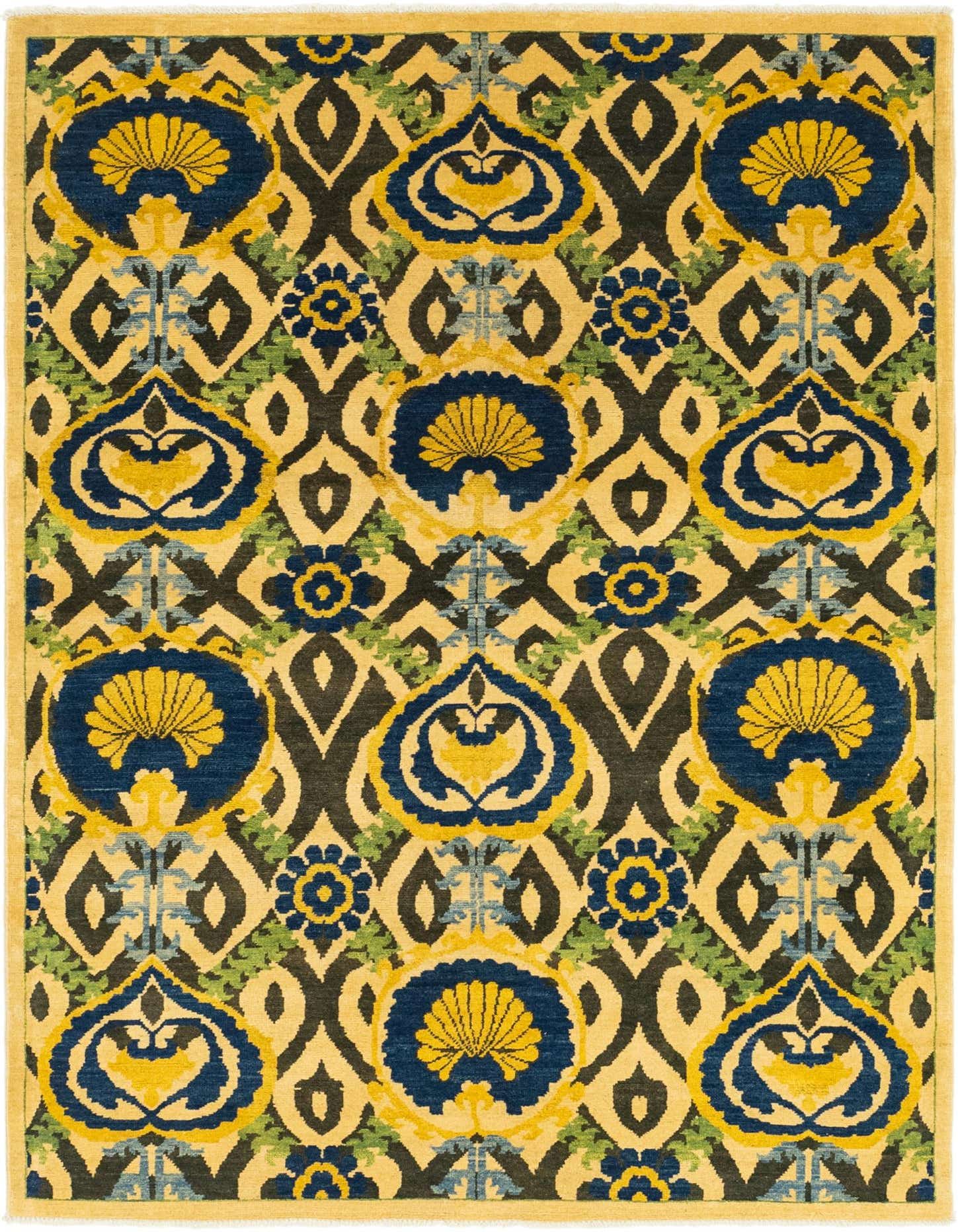 A 5x7 rectangular ivory rug with a bold Southwestern and Tribal pattern in blue, yellow, and green.