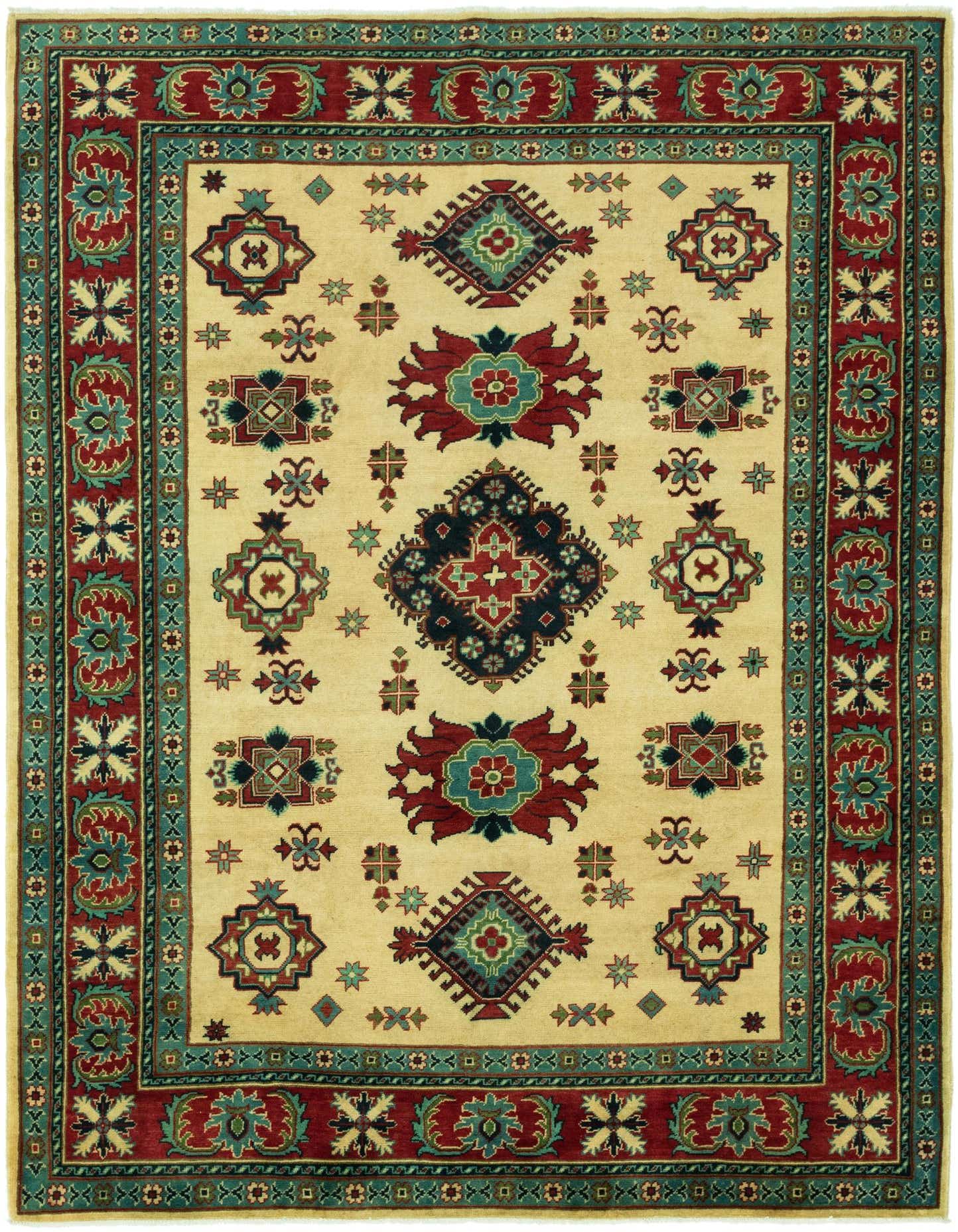 A 7x10 rectangular ivory and cream wool rug with a traditional tribal pattern in red, teal, and navy.