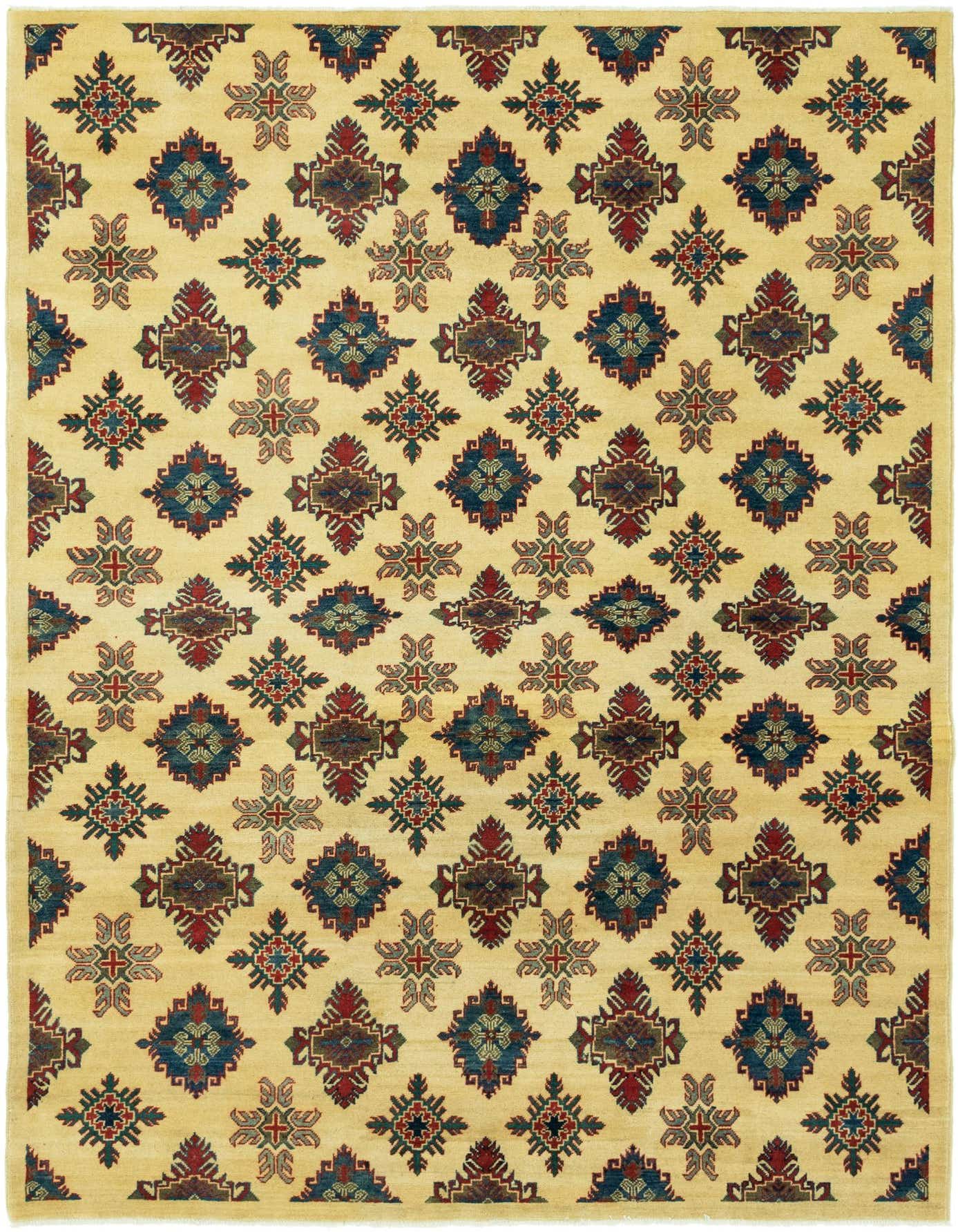 A 7x10 rectangular ivory rug with a repeating pattern of tribal medallions in blue, red, and green.