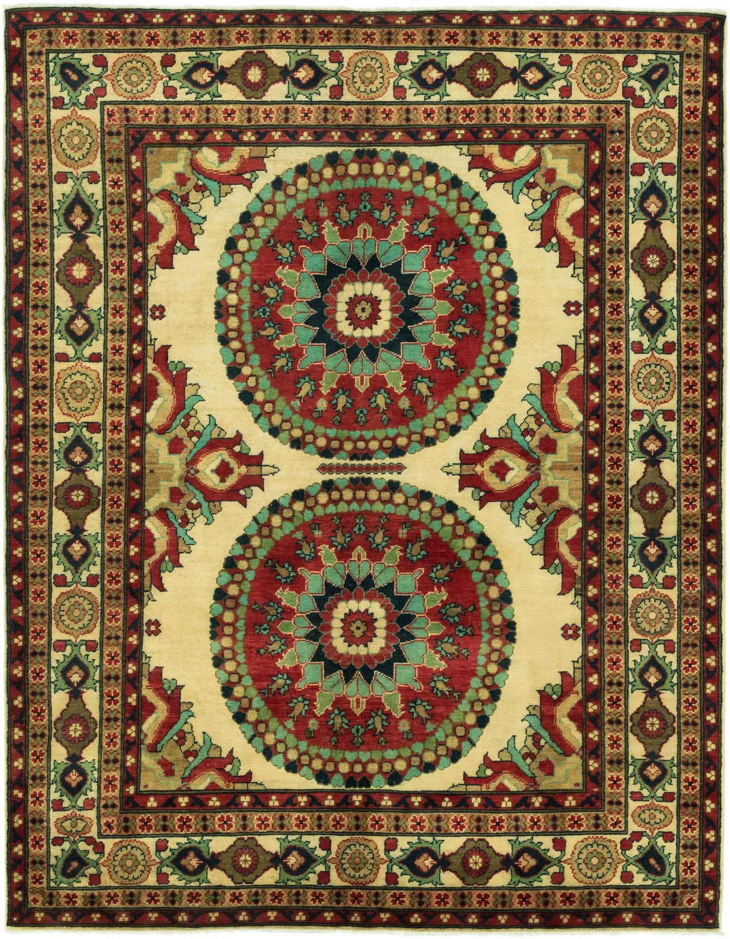 A 6x9 rectangular ivory wool rug with two large red, teal, and black medallions, surrounded by a multi-bordered traditional pattern.