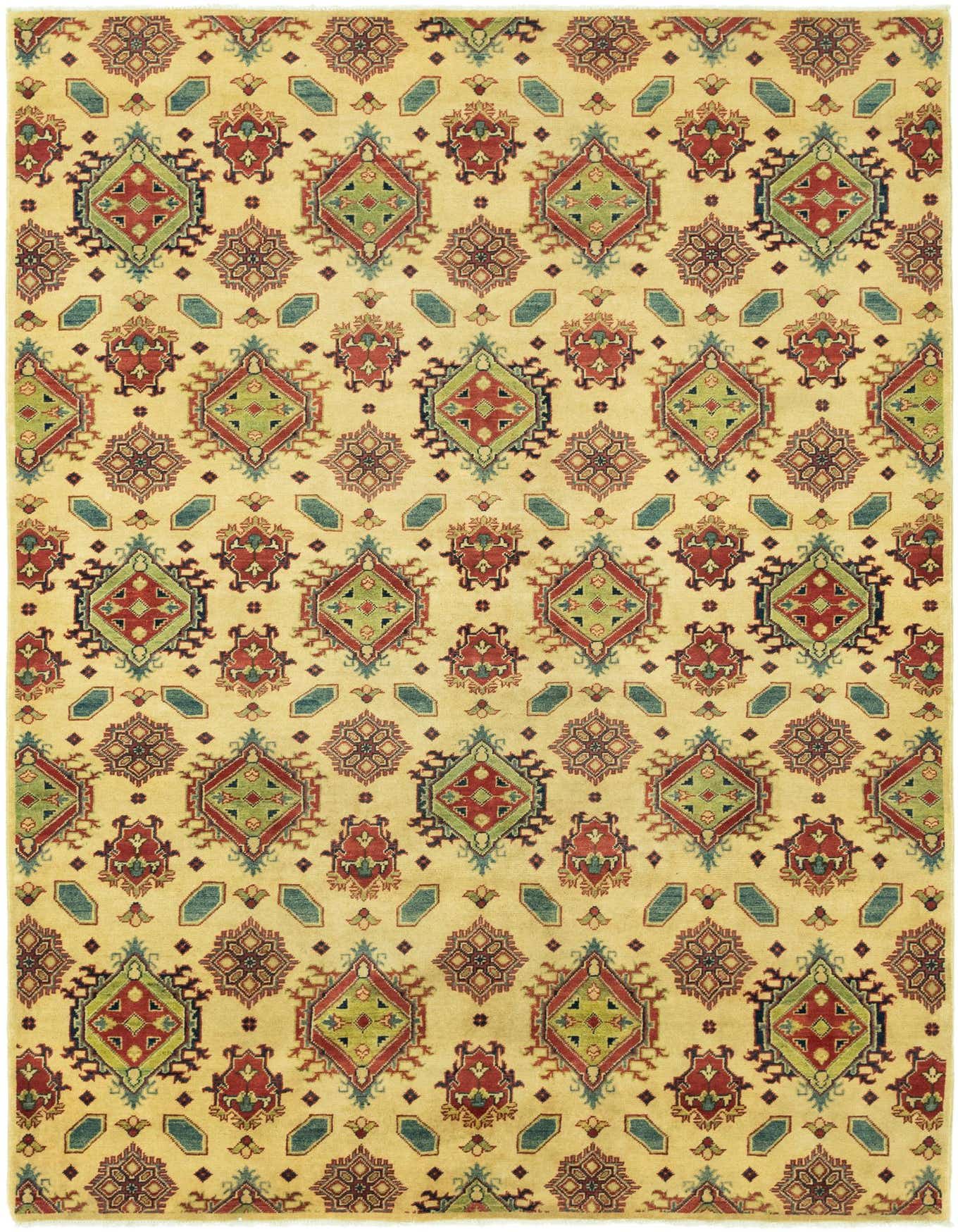 A 7x10 rectangular ivory rug with a repeating Southwestern and Tribal pattern in red, green, and blue.