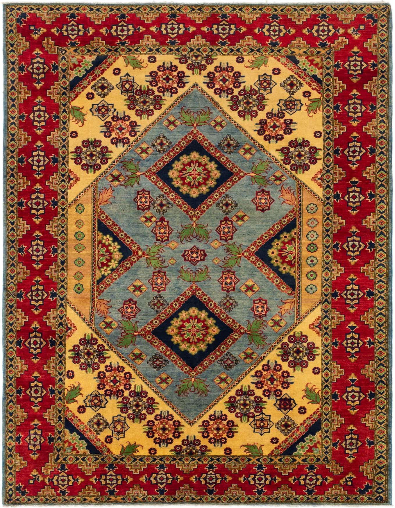 A 7x10 rectangular Kazak rug with a central blue medallion, ivory field, and red border, featuring traditional tribal patterns.