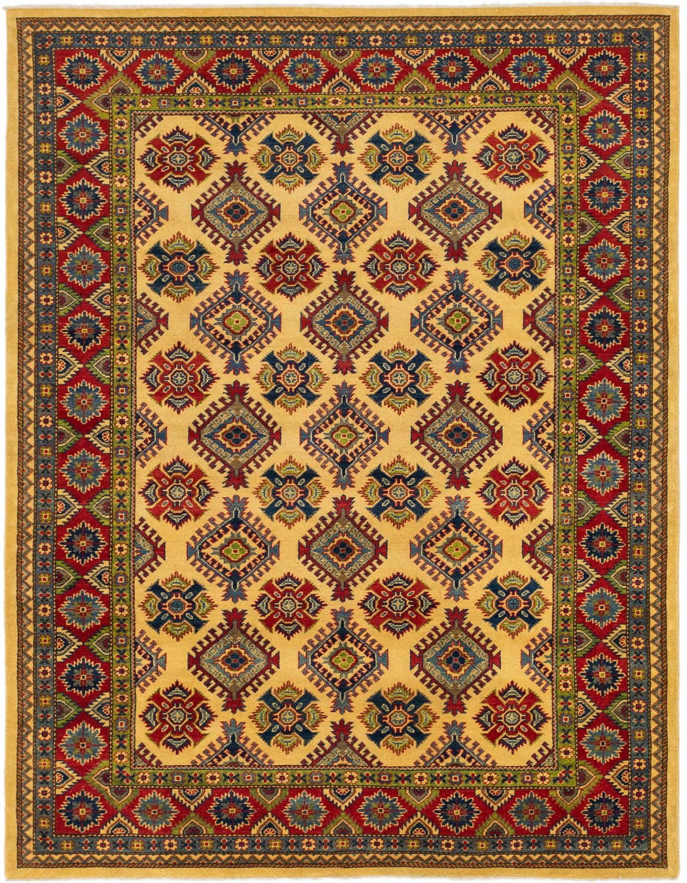 A 6x9 rectangular ivory area rug with a traditional tribal pattern in red, blue, and green, featuring a bold border.