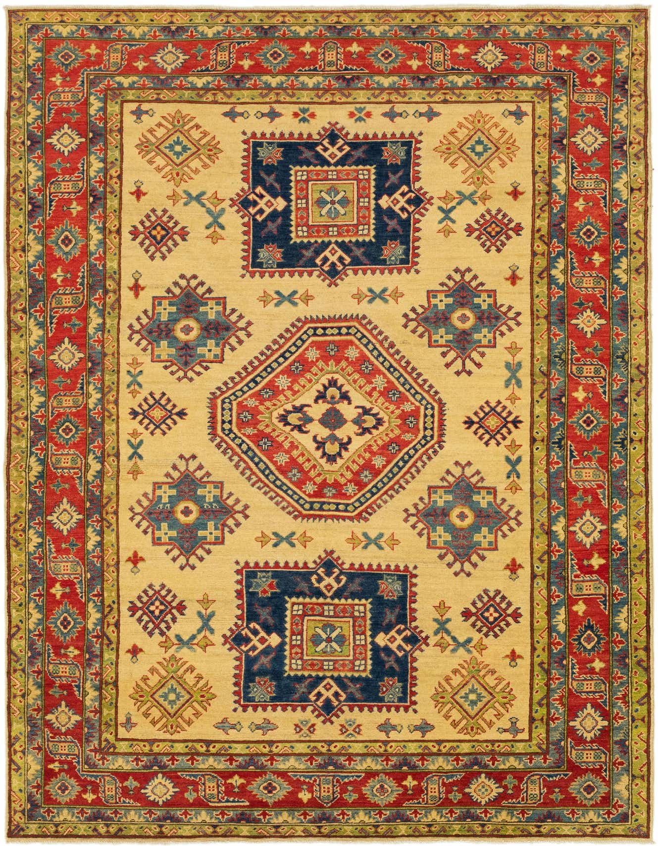 A 6x9 rectangular ivory rug with a vibrant red border and traditional Southwestern medallion patterns in blue, red, and green.
