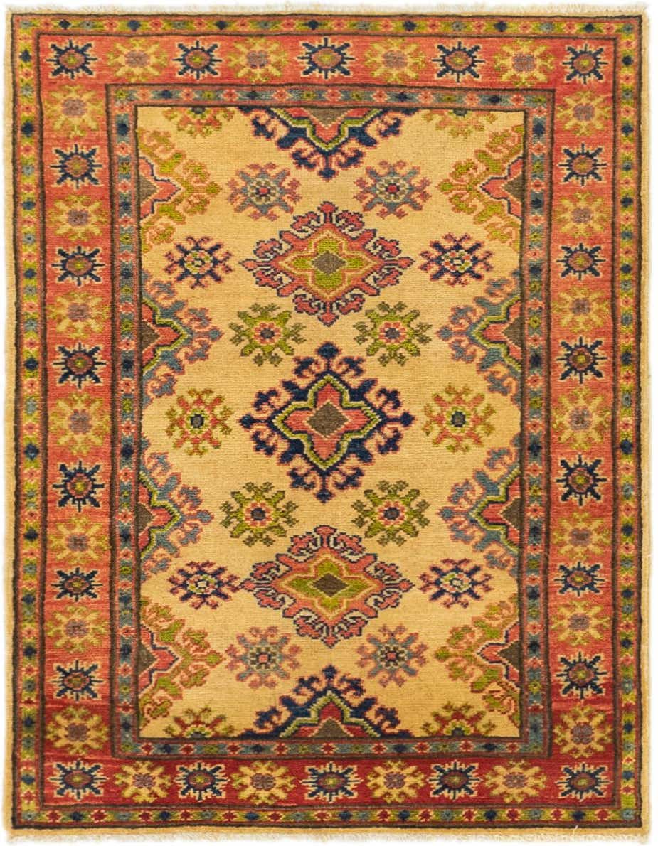 A 3x4 rectangular ivory rug with a traditional tribal pattern and a bold red border, featuring intricate blue, green, and pink medallions.