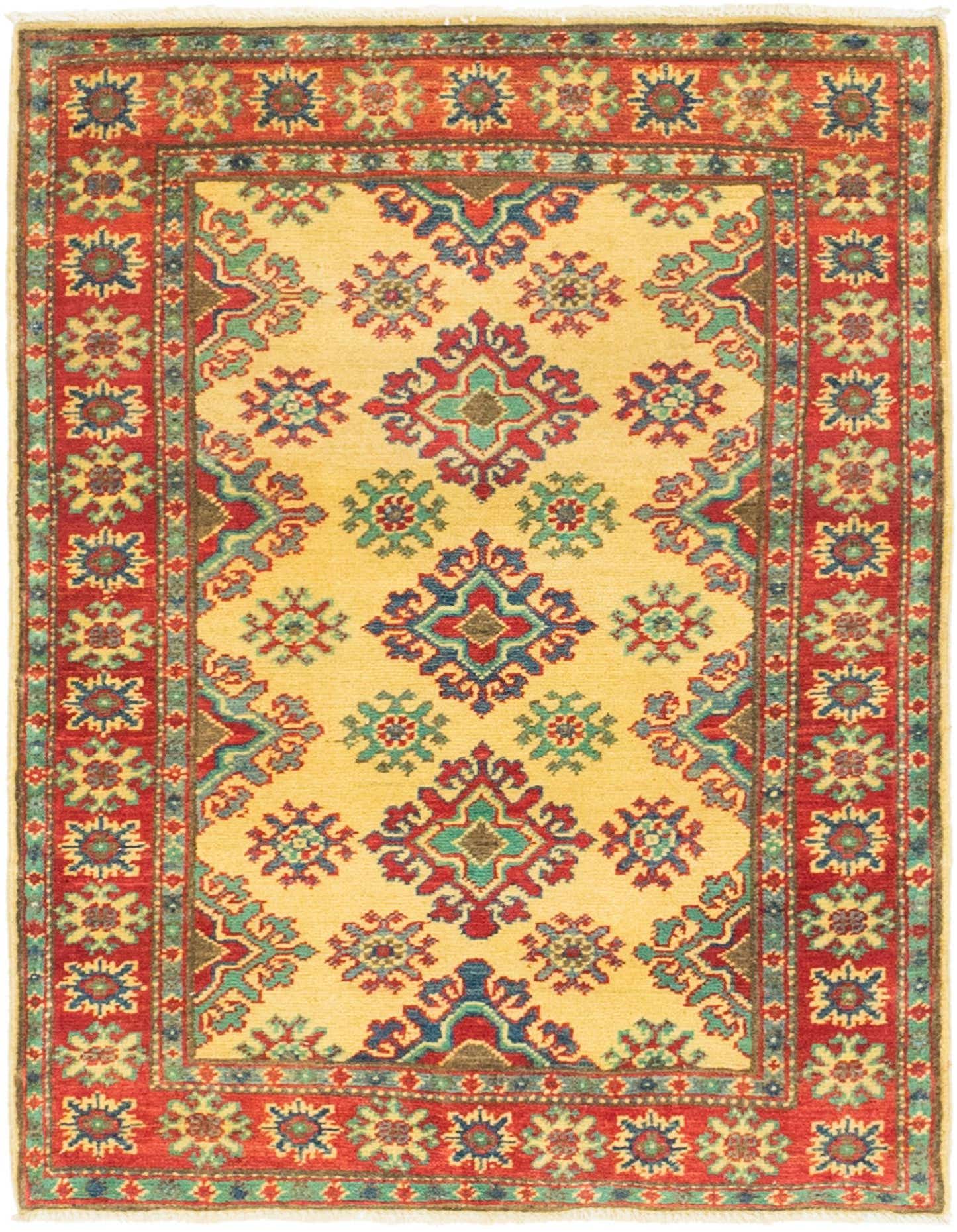 A 3x4 rectangular ivory rug with a traditional tribal pattern and a bold red border, featuring blue and green accents.