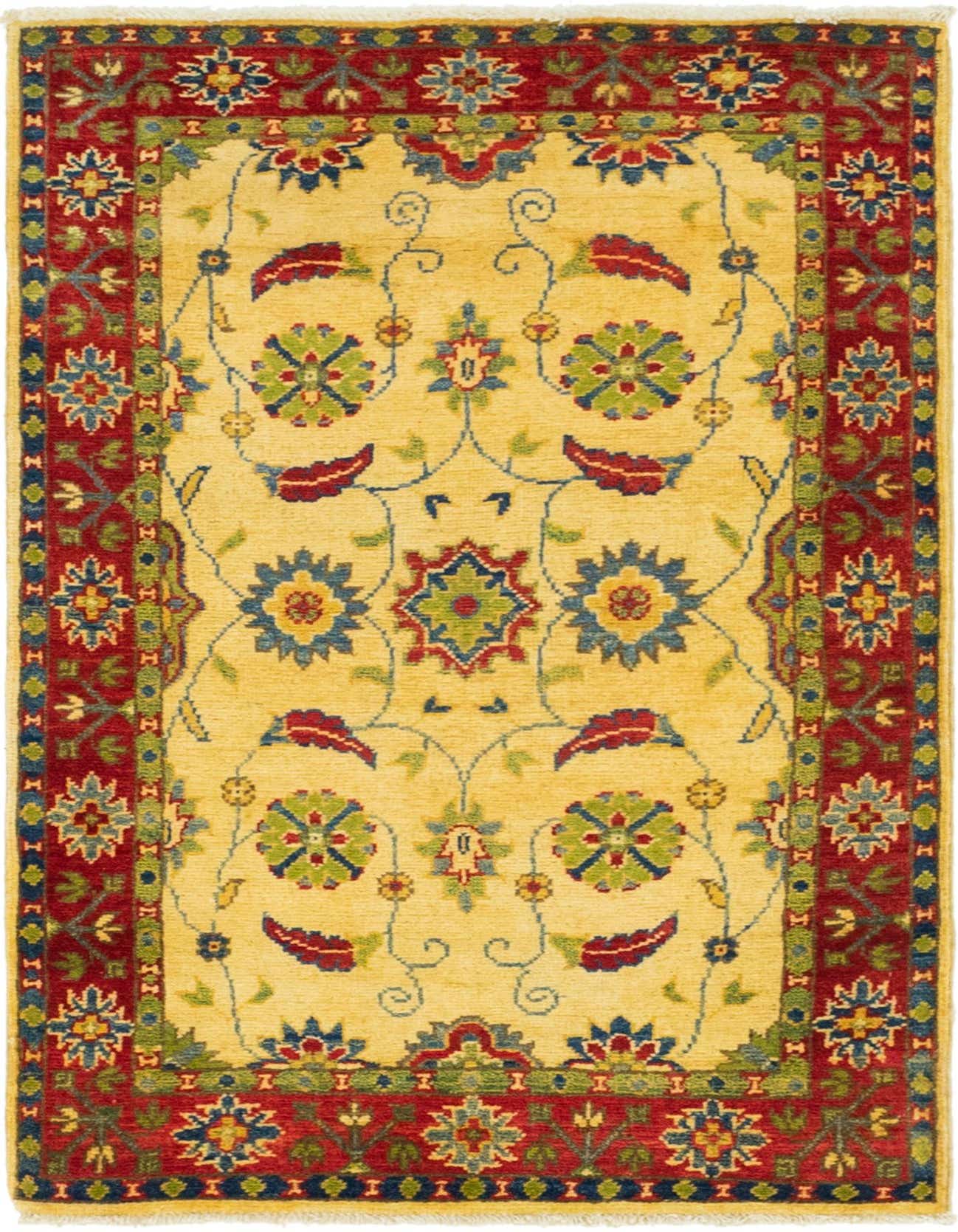 A 3x4 rectangular Rugs.com Kazak rug with an ivory field, red border, and colorful traditional botanical patterns.
