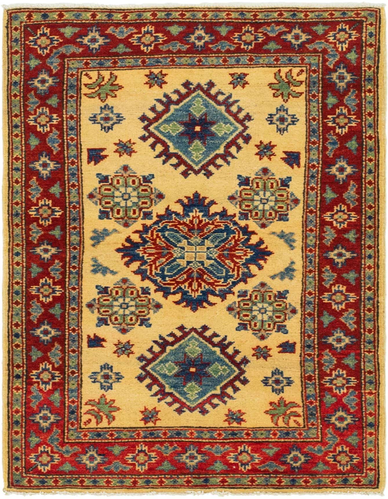 A 3x4 rectangular ivory rug with a red border and traditional tribal patterns in blue, red, and green.