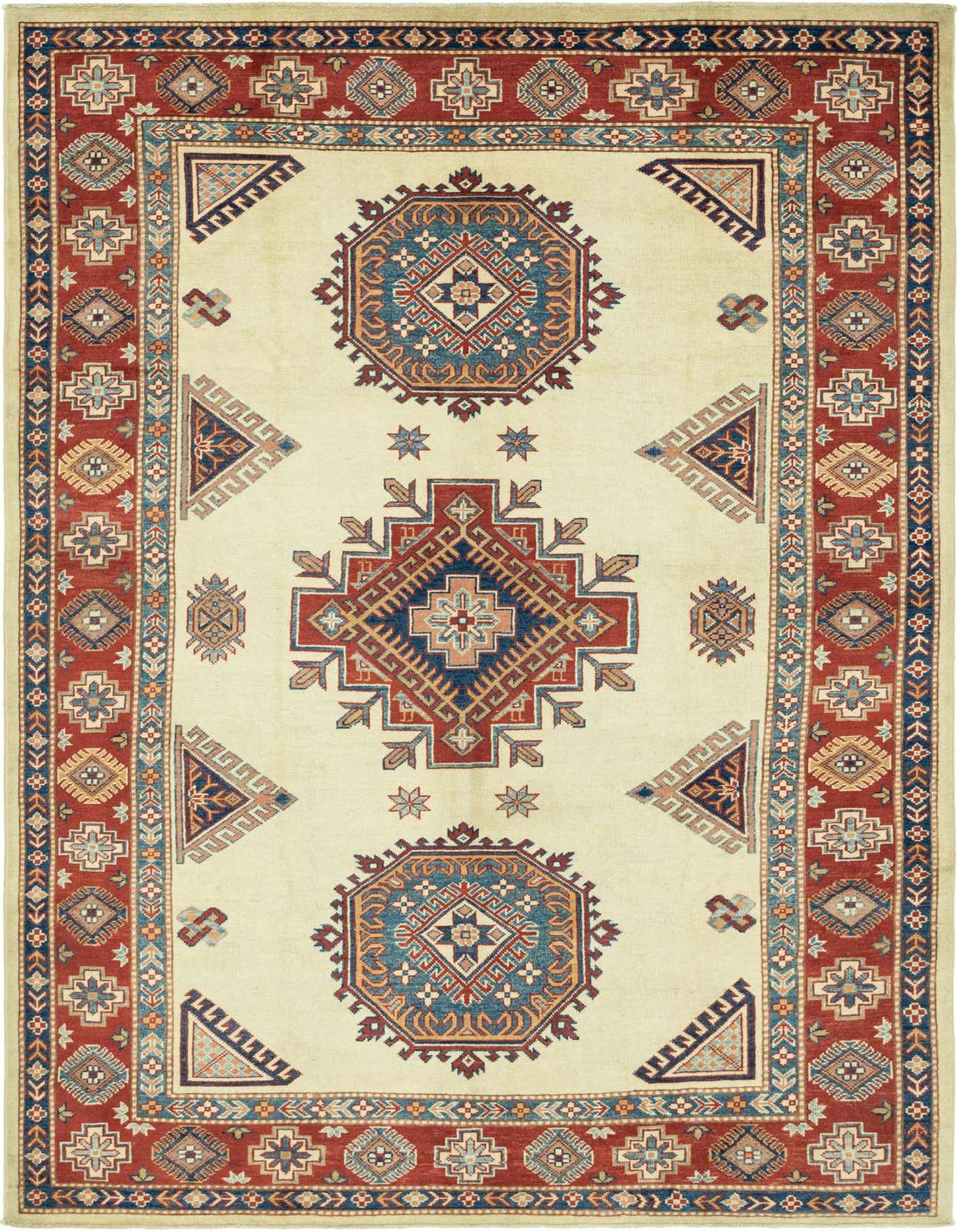 A 6x9 rectangular ivory traditional rug with red, blue, and orange geometric medallion patterns, ideal for a living room.