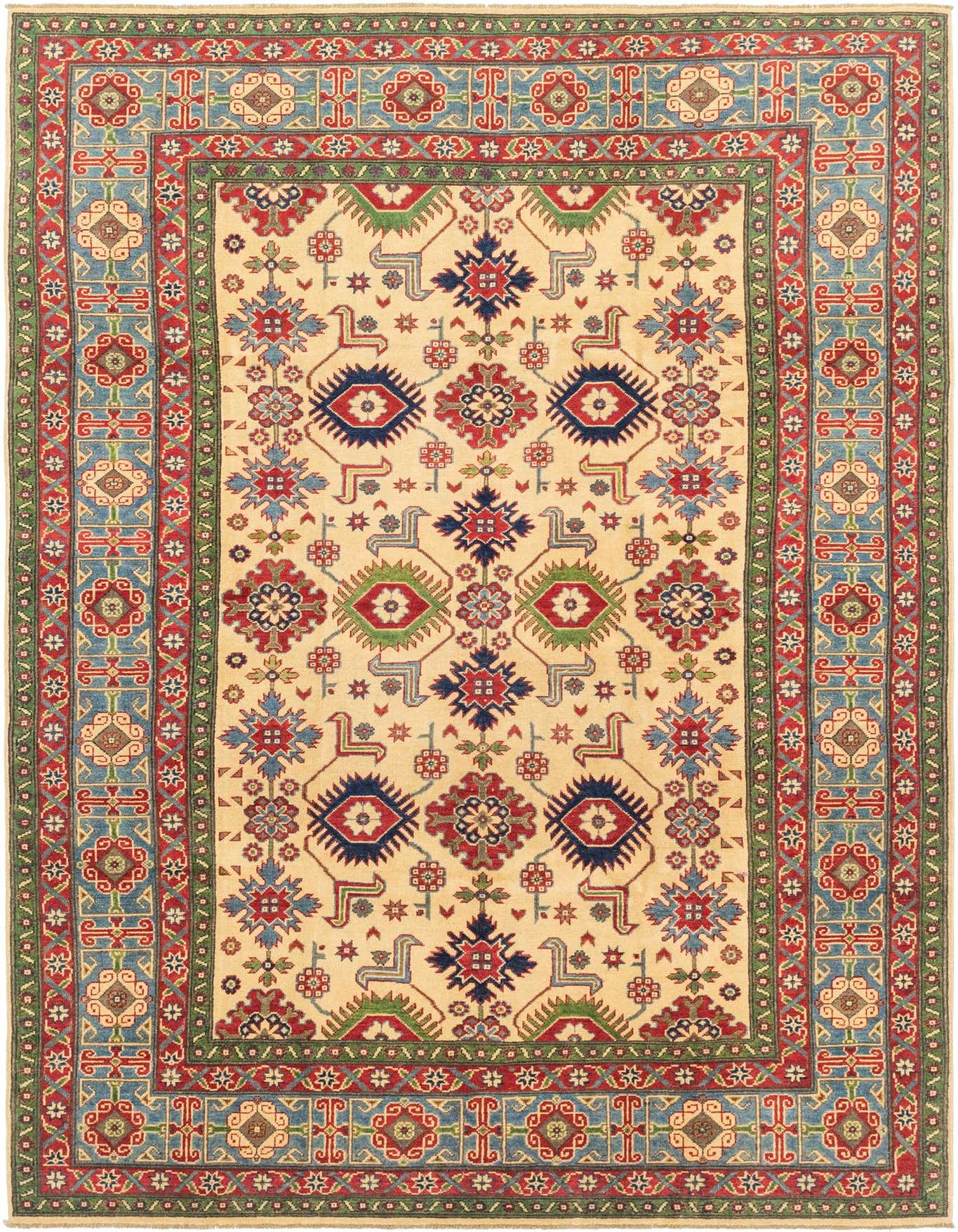 A 6x9 rectangular ivory rug with traditional tribal patterns in red, blue, and green, perfect for a living room.