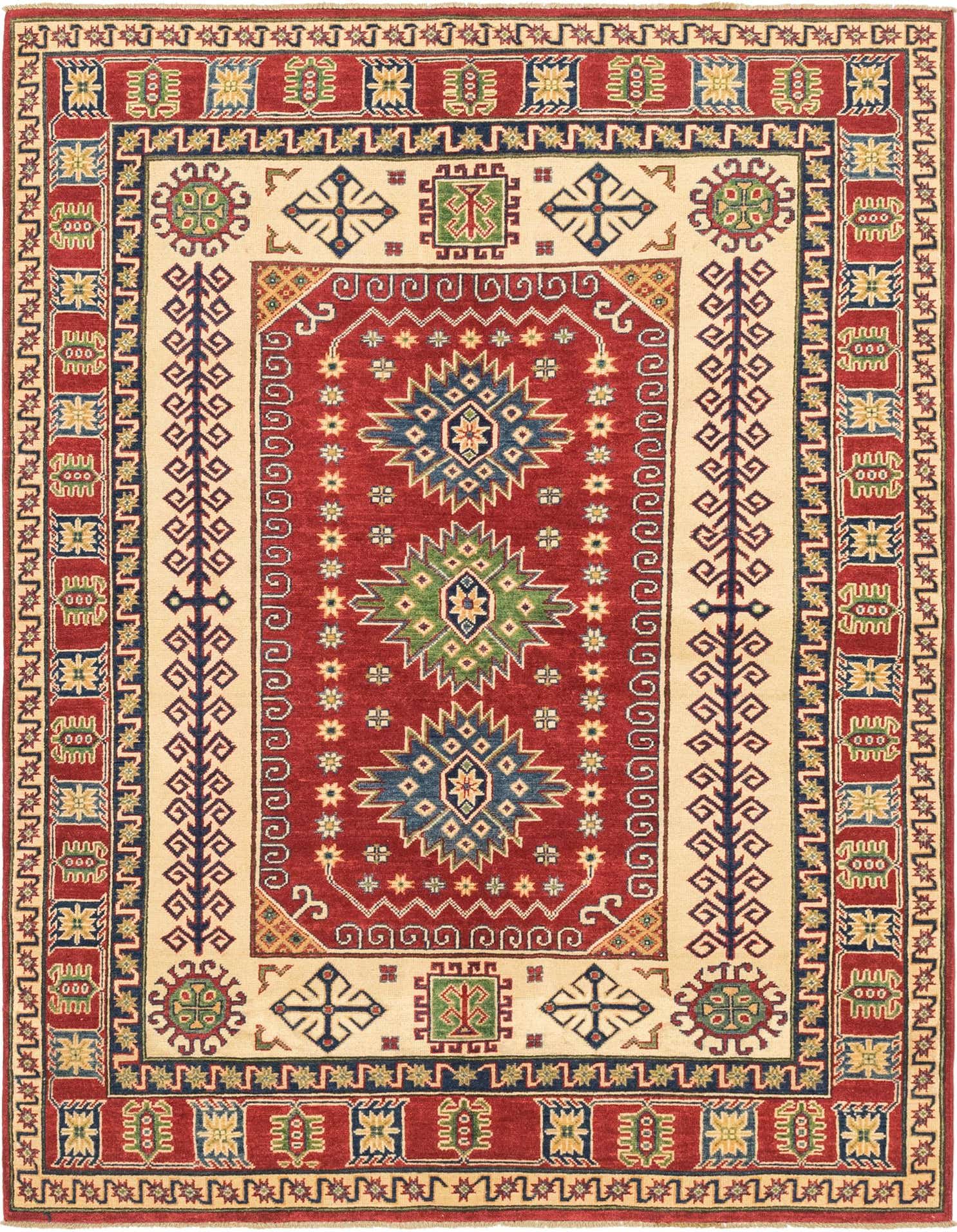 A 6x9 rectangular Rugs.com Kazak rug with a red central medallion and ivory border, featuring traditional tribal patterns in blue, green, and gold.