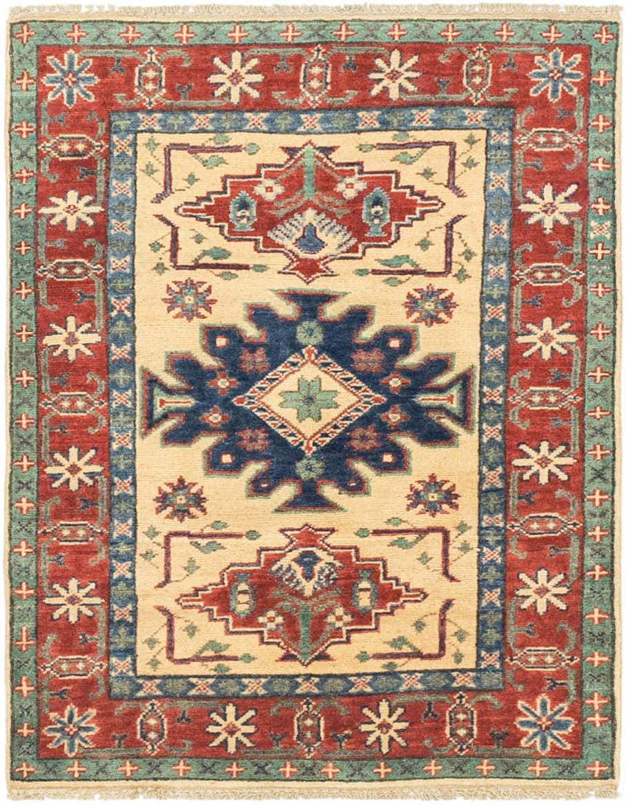 A 3x4 rectangular Rugs.com Kazak rug with a cream field, red border, and tribal medallion patterns in navy, red, and green.