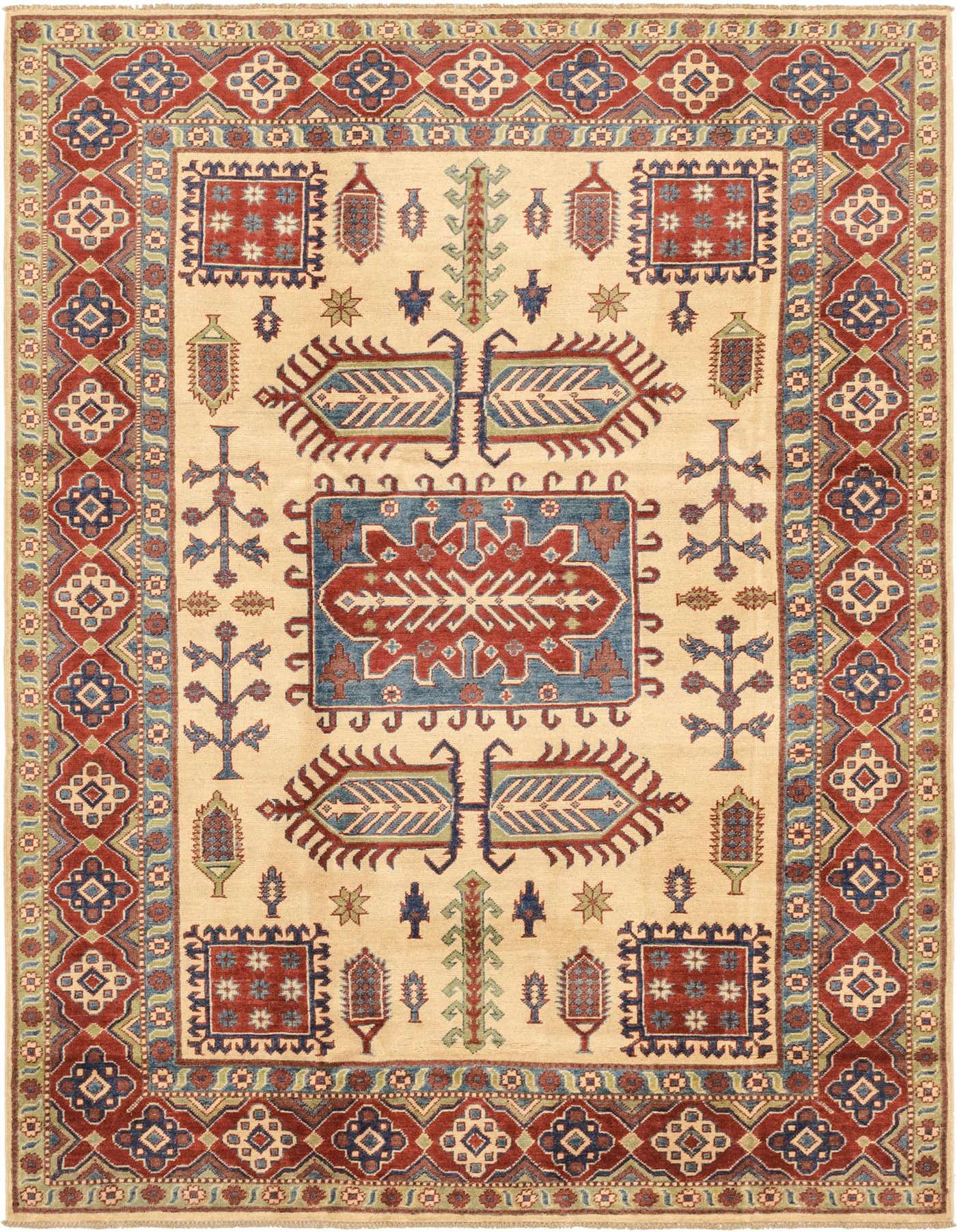 A 6x9 rectangular ivory area rug with traditional Southwestern and tribal patterns in red, blue, and green.