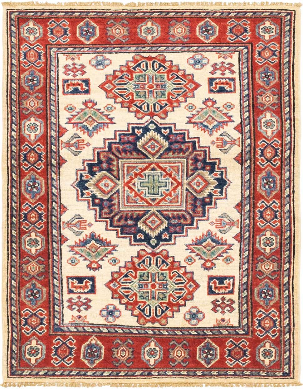 A rectangular 3x4 ivory traditional rug with a central medallion and tribal patterns in red, navy, and light blue.
