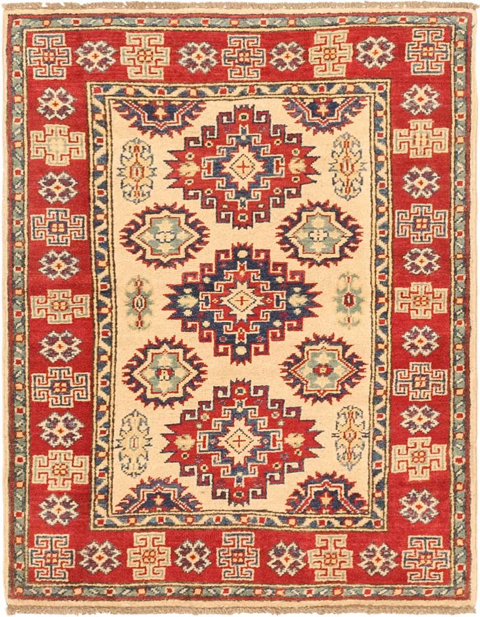 A 3x4 rectangular Rugs.com Kazak rug with a cream field, red border, and tribal medallion patterns.