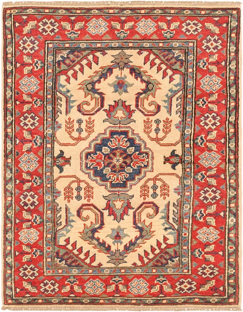A 3x4 rectangular ivory rug with a traditional Southwestern medallion pattern and a bold red border.