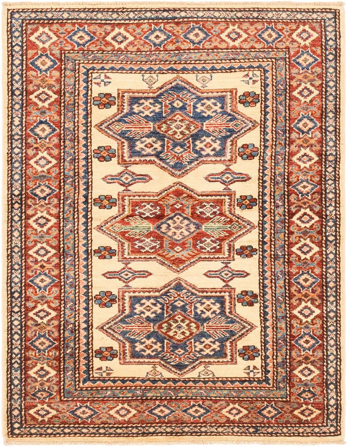 A 3x5 rectangular ivory rug with traditional tribal medallions in blue and red, perfect for an entryway.