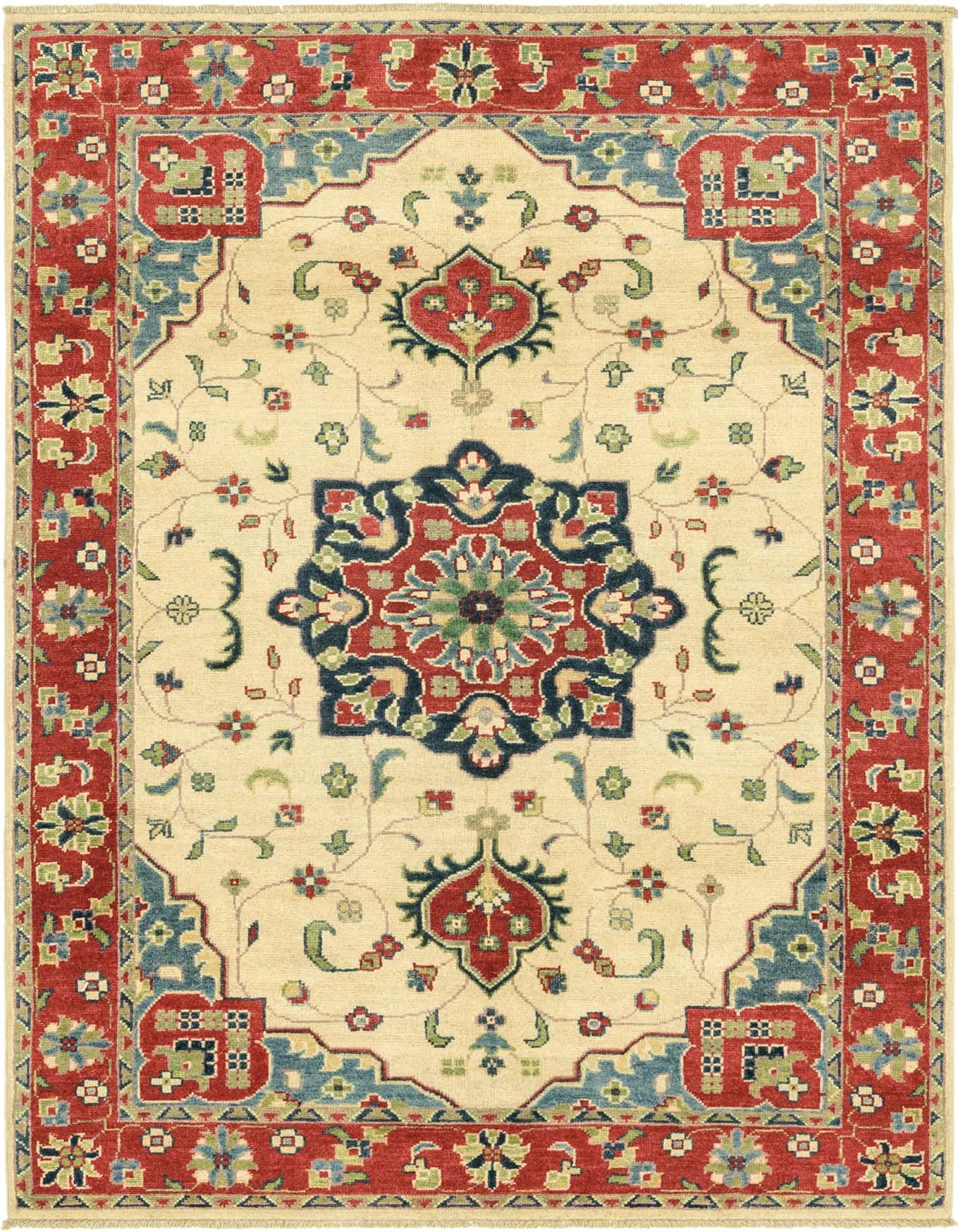 A 4x6 rectangular ivory rug with a red border and a central botanical medallion in red, blue, and green.
