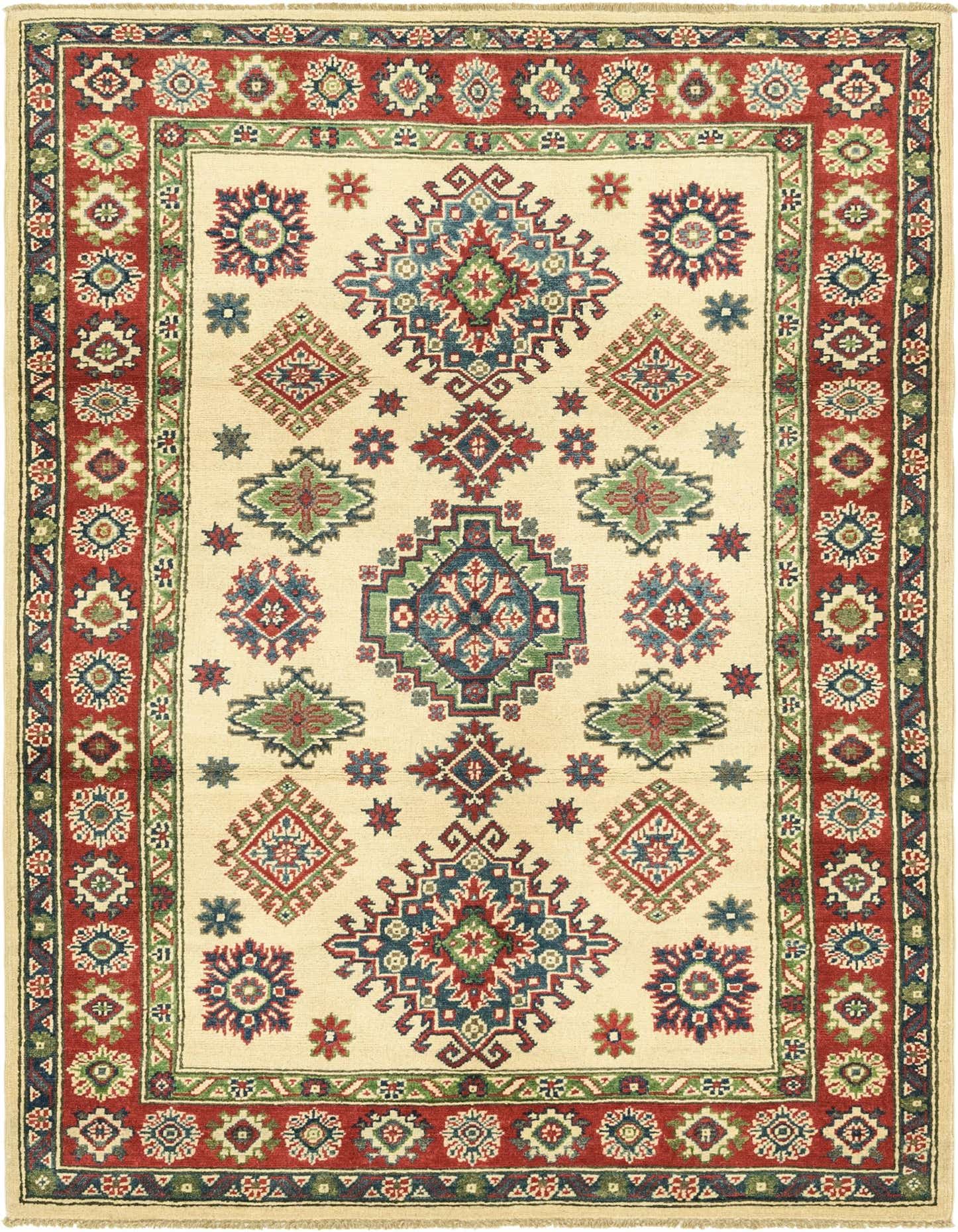 A 4x6 rectangular ivory rug with a Southwestern tribal pattern featuring red, blue, and green medallions and a bold red border.