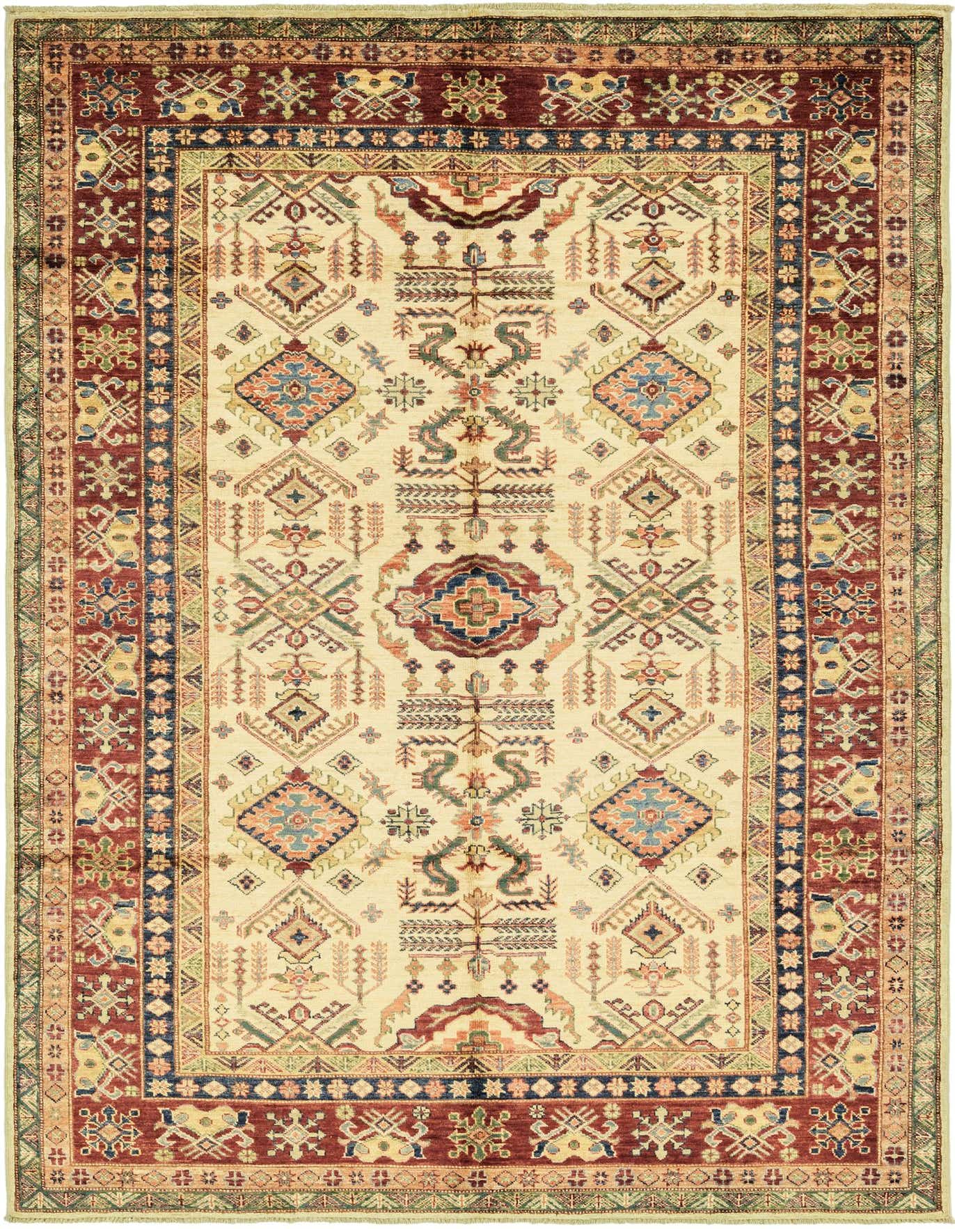 A 6x9 rectangular ivory tribal rug with a detailed Southwestern pattern and a rich red border, ideal for a living room.