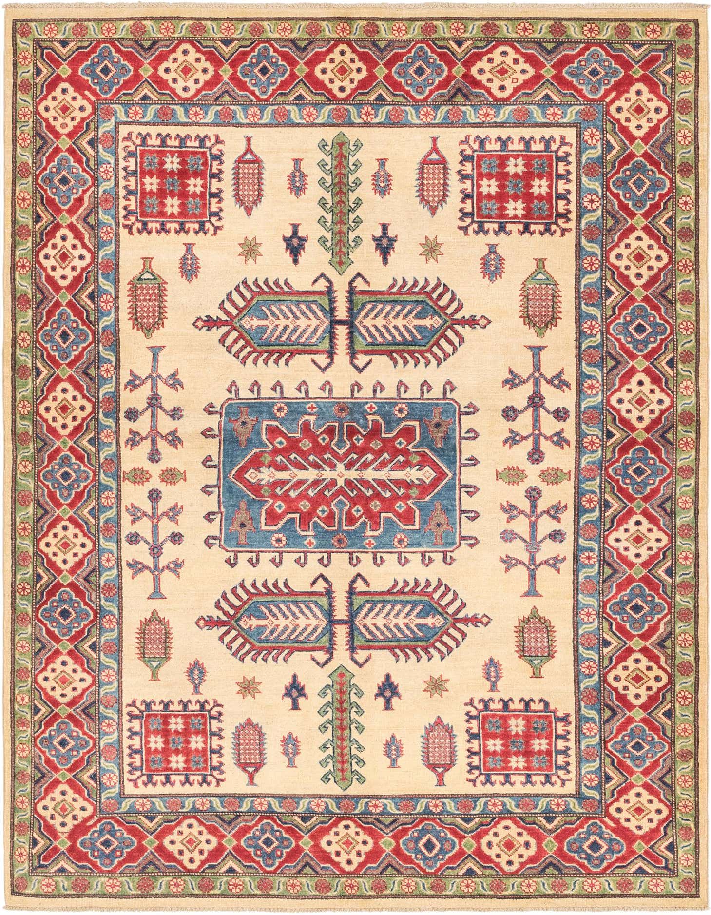 A 6x9 rectangular ivory Kazak rug with traditional Southwestern and tribal patterns in red, blue, and green.