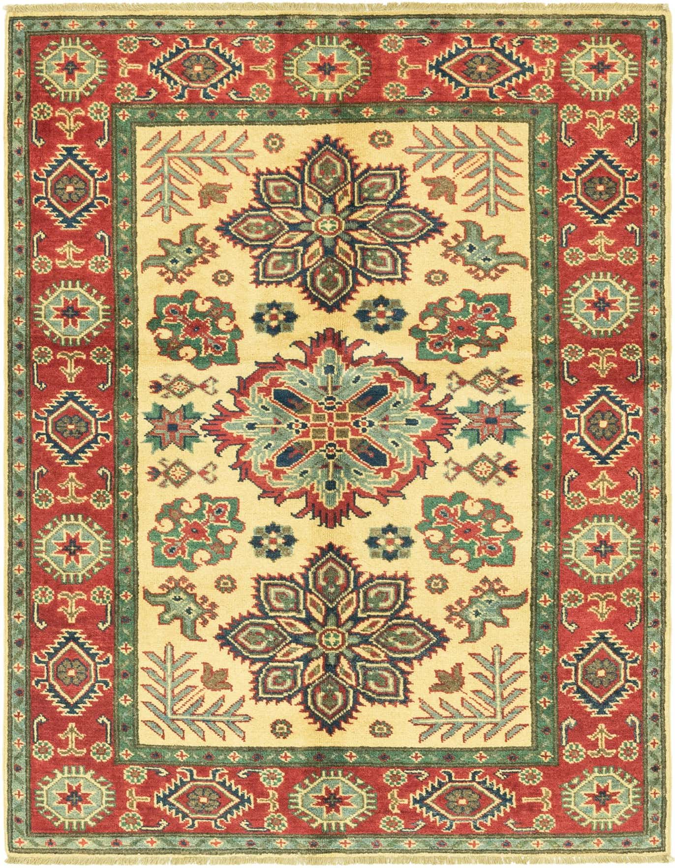 A 4x6 rectangular ivory Kazak rug with a central medallion and tribal patterns in red, green, and blue.