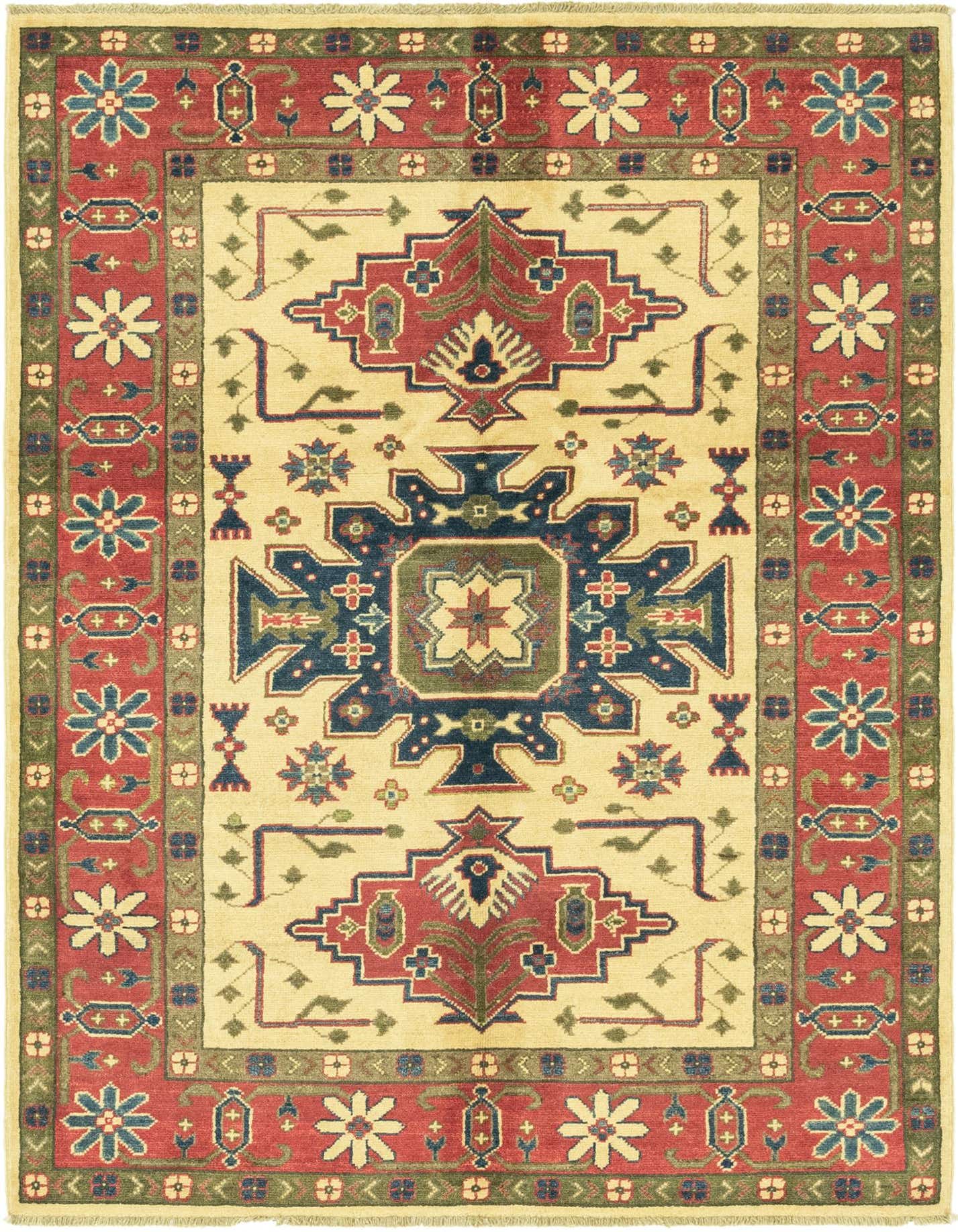 A 4x6 rectangular ivory tribal rug with a central medallion and geometric patterns in red, blue, and green.