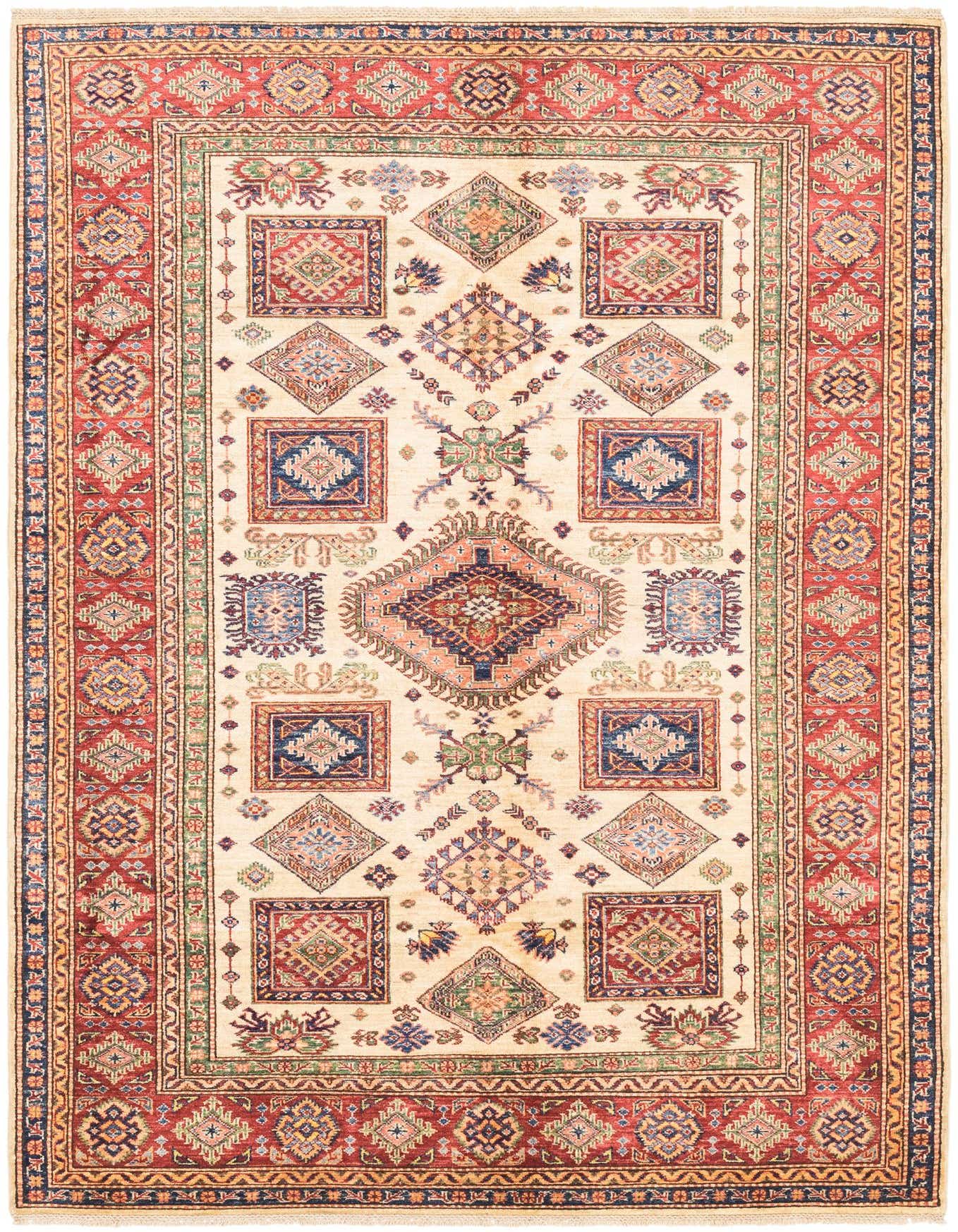 A 6x9 rectangular ivory traditional rug with a central medallion and tribal patterns in red, blue, and green.