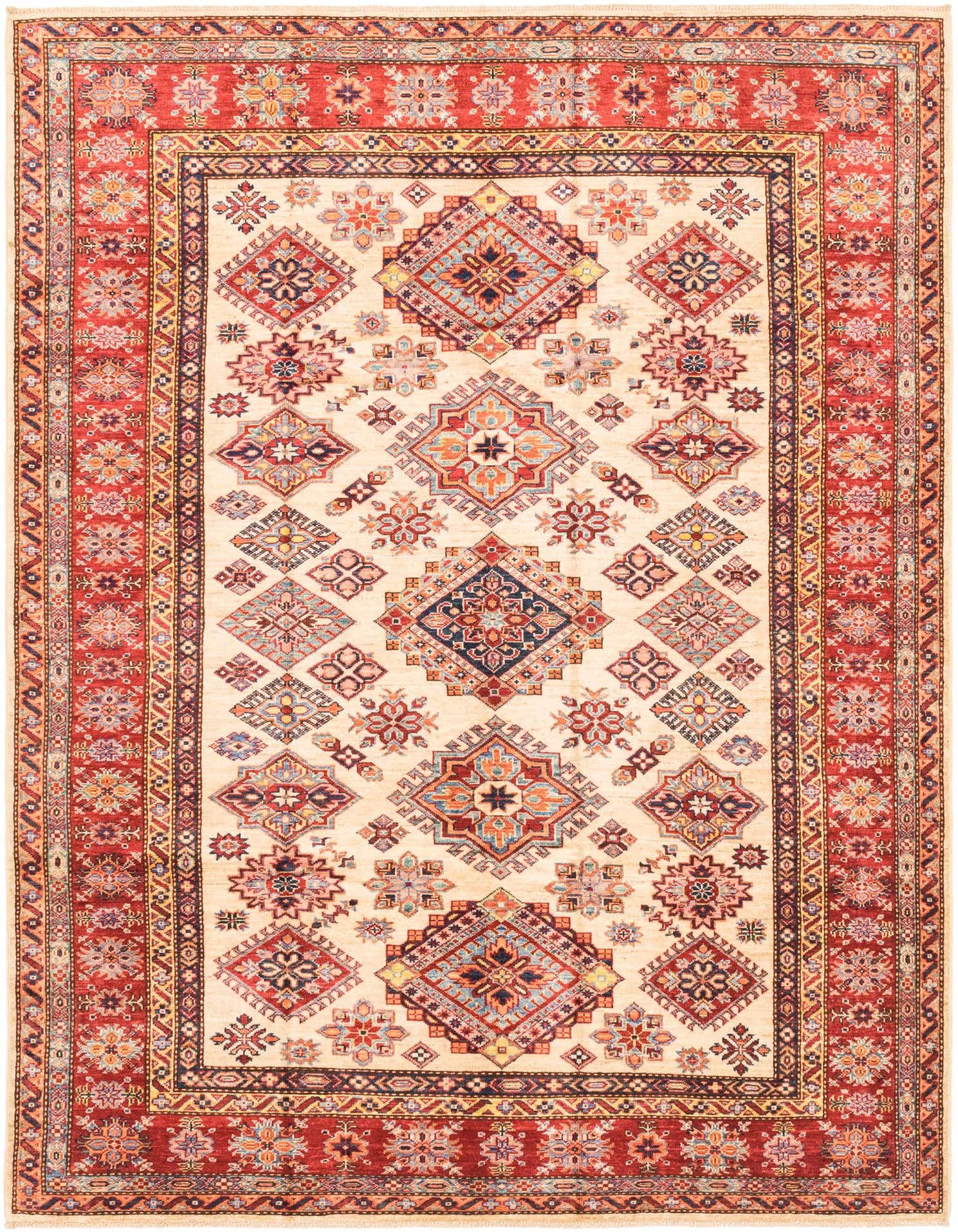 A 6x9 rectangular Rugs.com Kazak area rug featuring a cream field with colorful traditional tribal patterns and a bold red border.