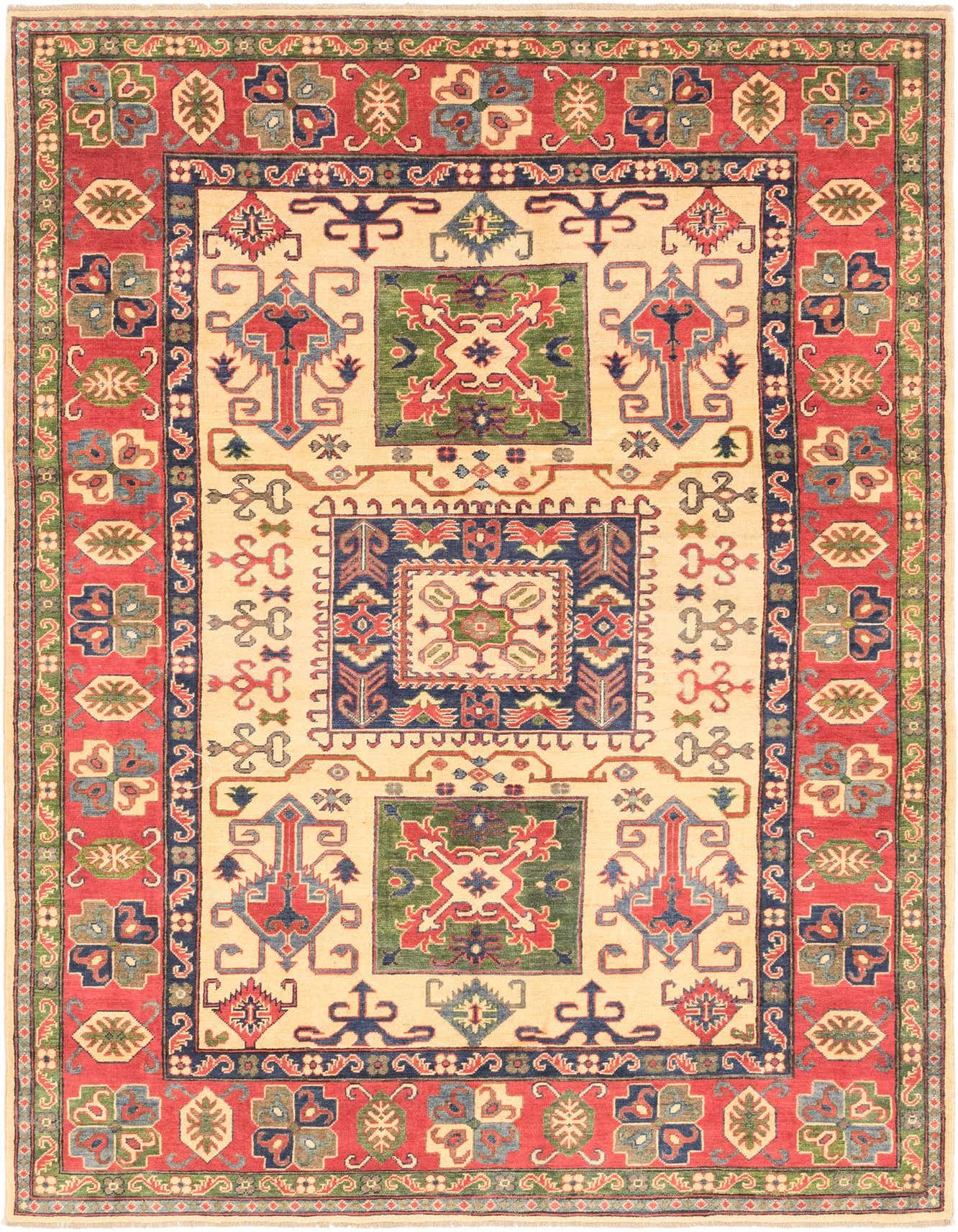 A 6x9 rectangular ivory rug with a traditional Southwestern tribal pattern, featuring a central medallion and red, blue, and green accents.