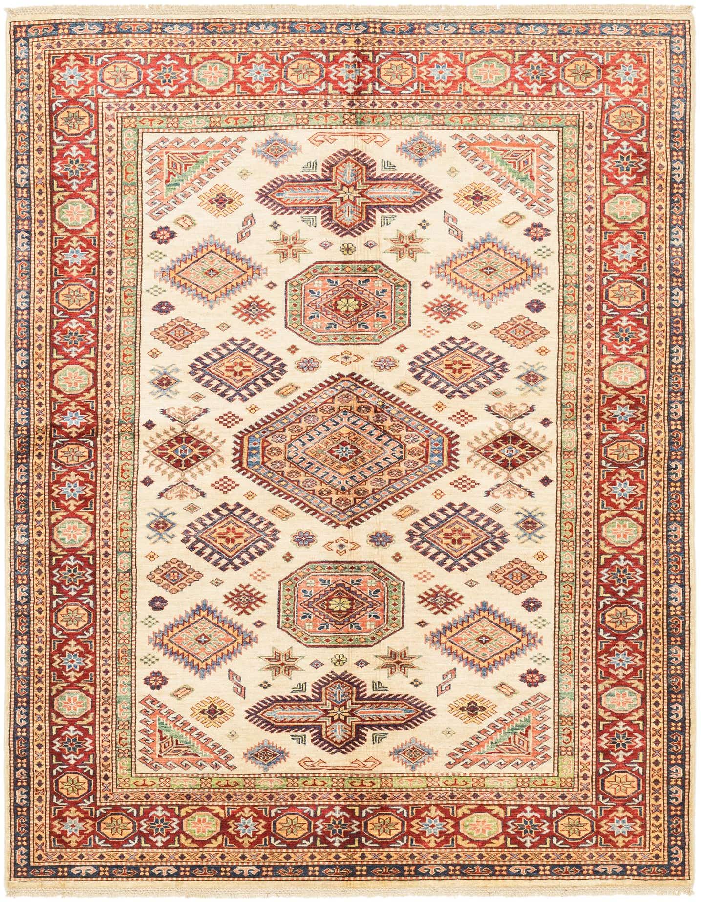 A 6x9 rectangular ivory rug with a traditional tribal pattern and a bold red border, perfect for a living room.