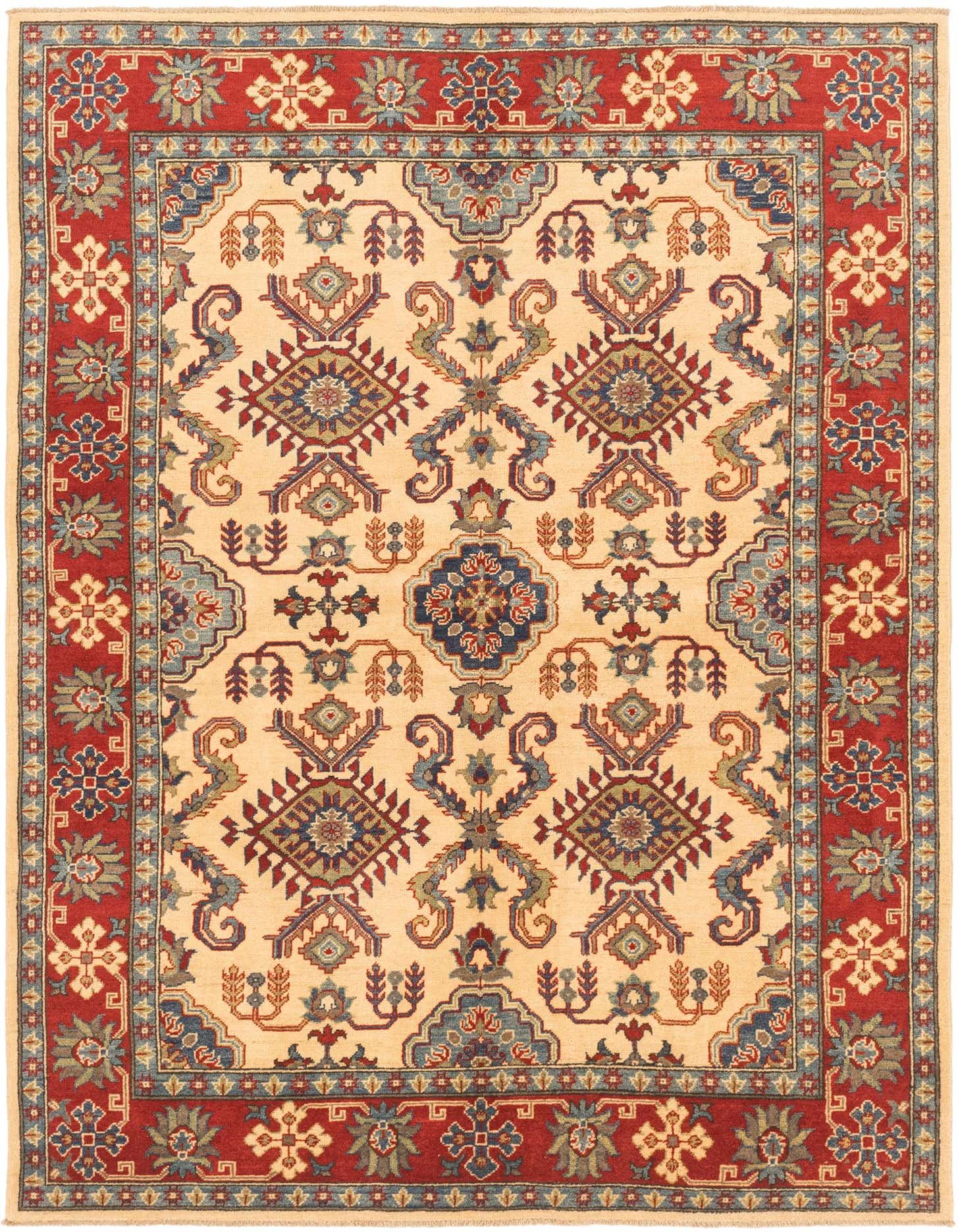 A 6x9 rectangular ivory and red traditional Kazak wool rug with intricate tribal patterns.
