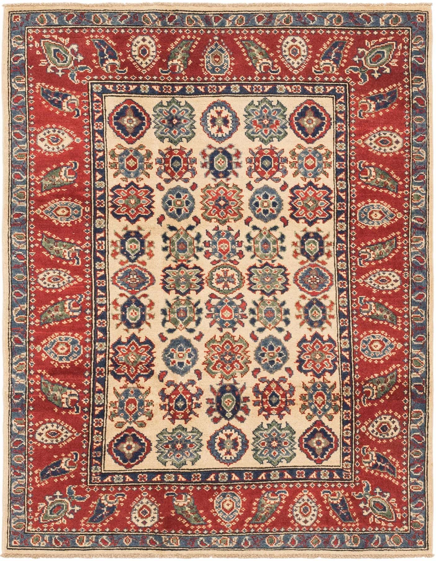A 4x6 rectangular ivory and red traditional rug with a tribal medallion pattern and intricate border.
