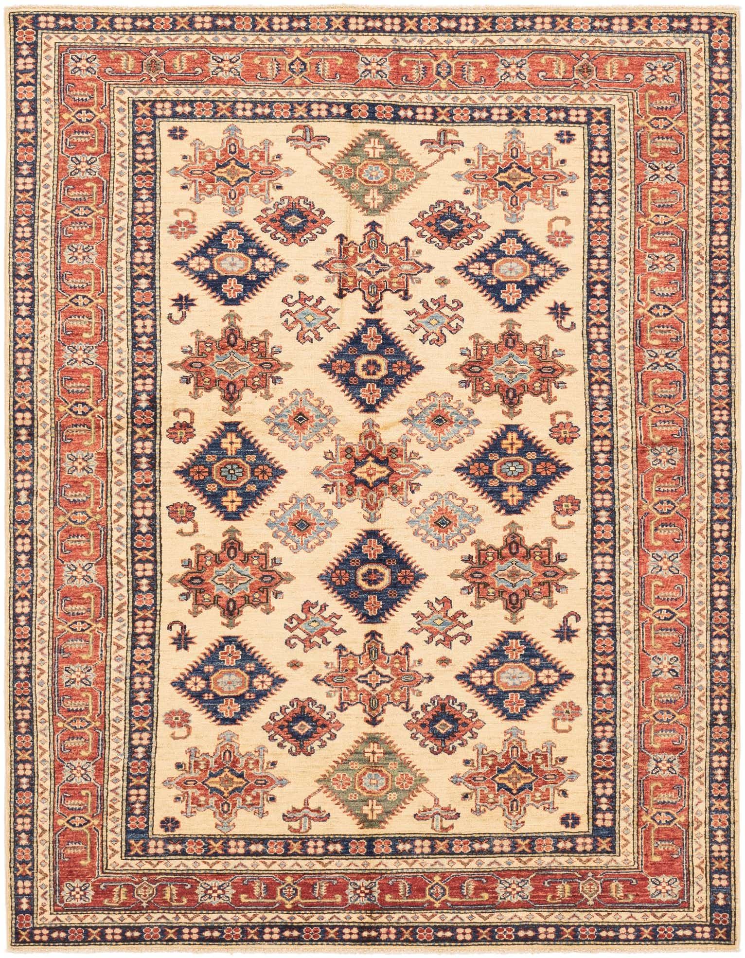 A 6x9 rectangular ivory rug with traditional Southwestern and Tribal patterns in navy, red, and light blue.