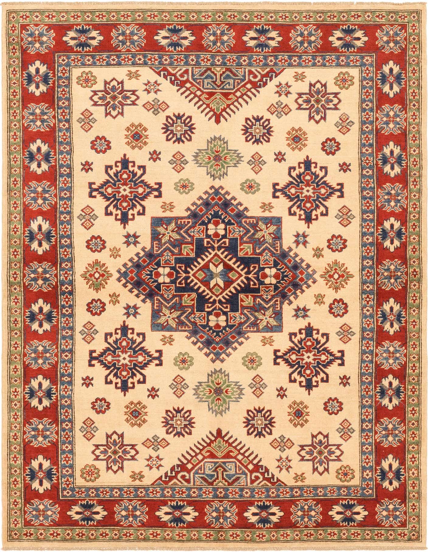 A 6x9 rectangular ivory and red traditional Kazak rug with a central medallion and tribal patterns.